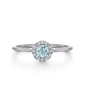 14K White Gold Aquamarine and Diamond Halo Promise Ring