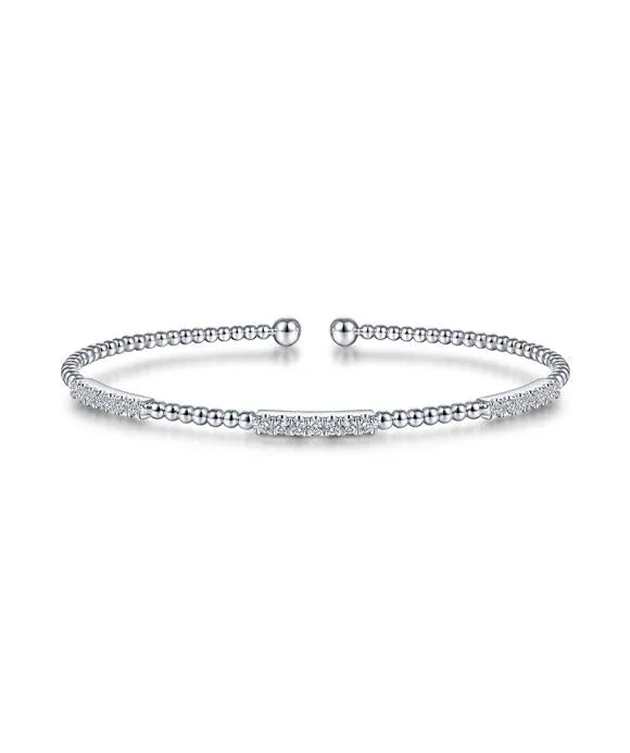 14K White Gold Bujukan Bead Cuff Bracelet with Diamond Pave Stations