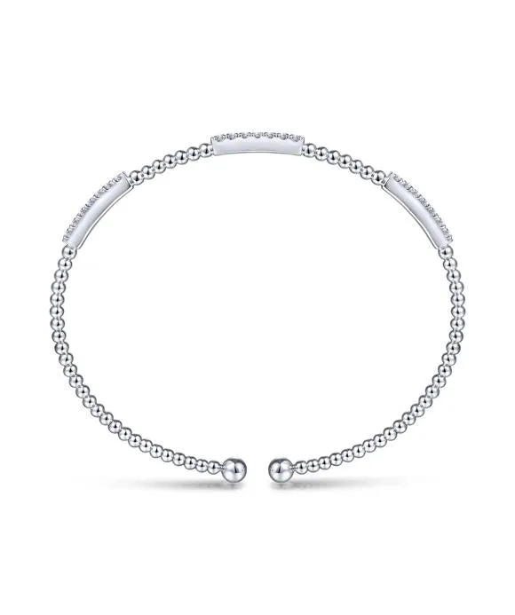 14K White Gold Bujukan Bead Cuff Bracelet with Diamond Pave Stations