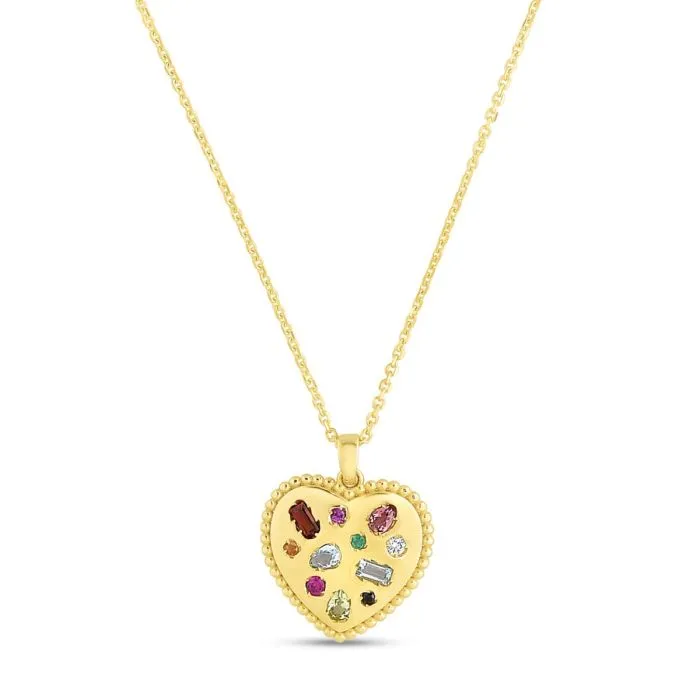 14K Yellow Gold Gemstone Inlay Heart Pendant Necklace - 18