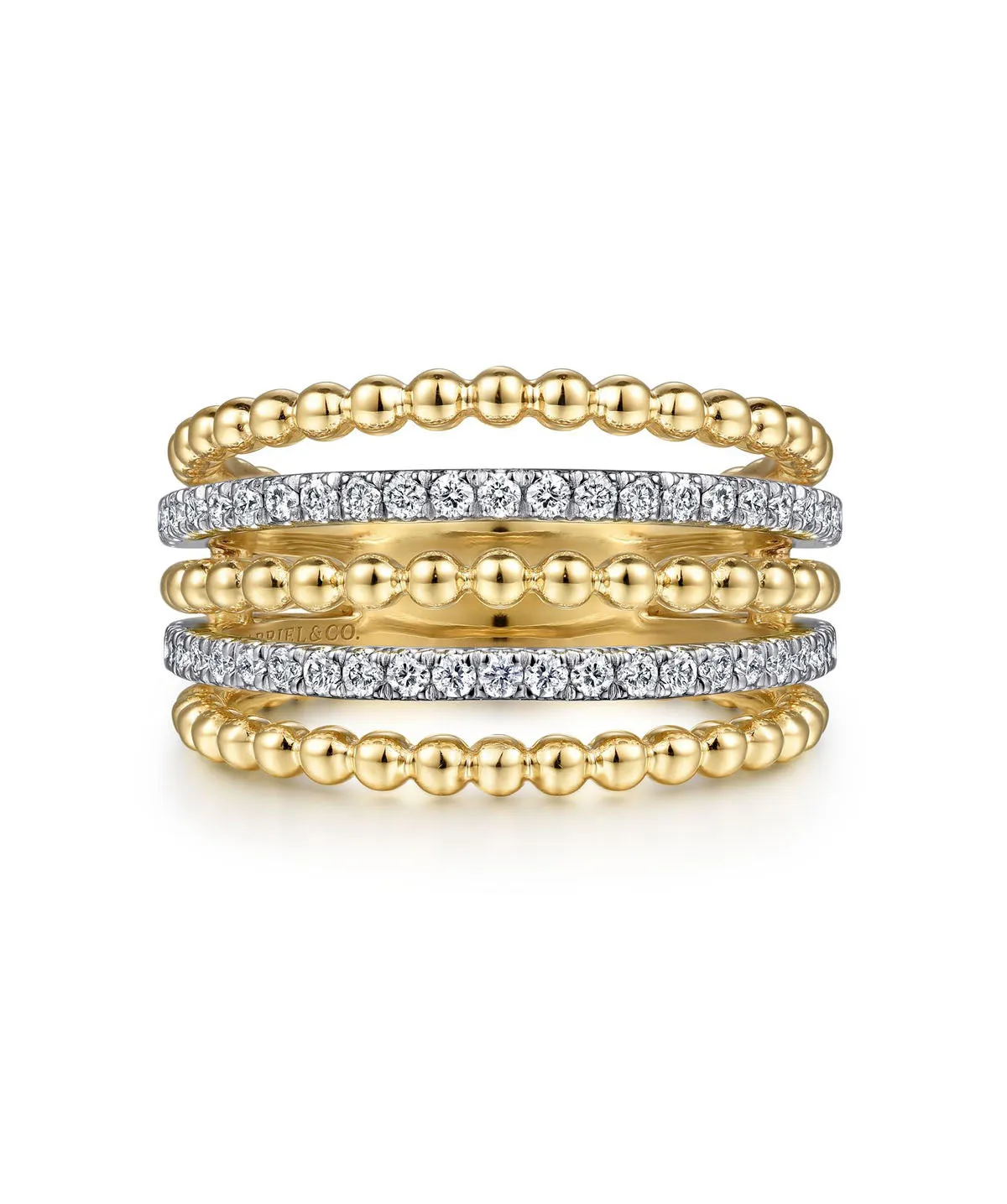 14K Yellow Gold Multi Row Bujukan Beads and Diamond Easy Stackable Ring