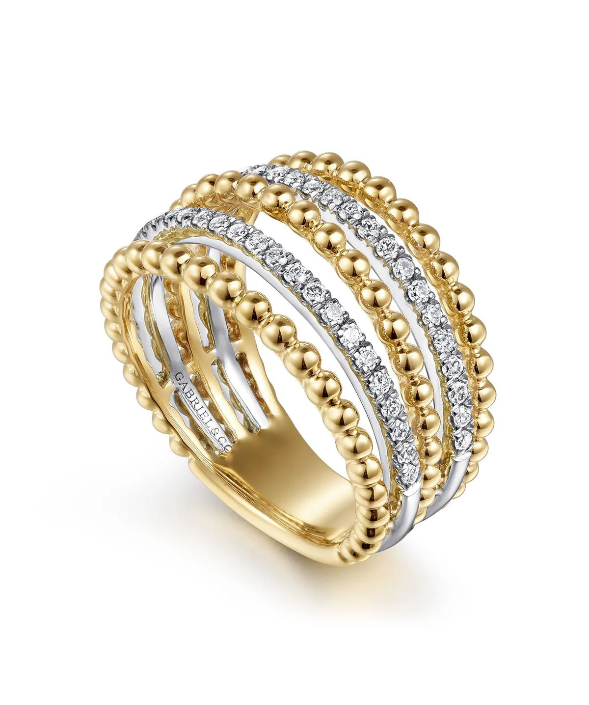 14K Yellow Gold Multi Row Bujukan Beads and Diamond Easy Stackable Ring