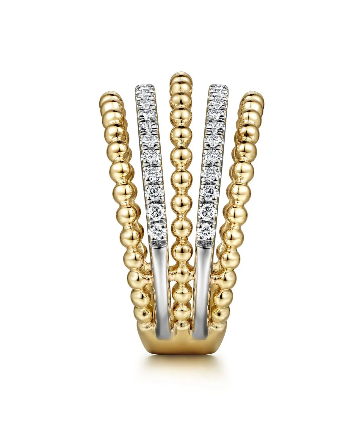 14K Yellow Gold Multi Row Bujukan Beads and Diamond Easy Stackable Ring