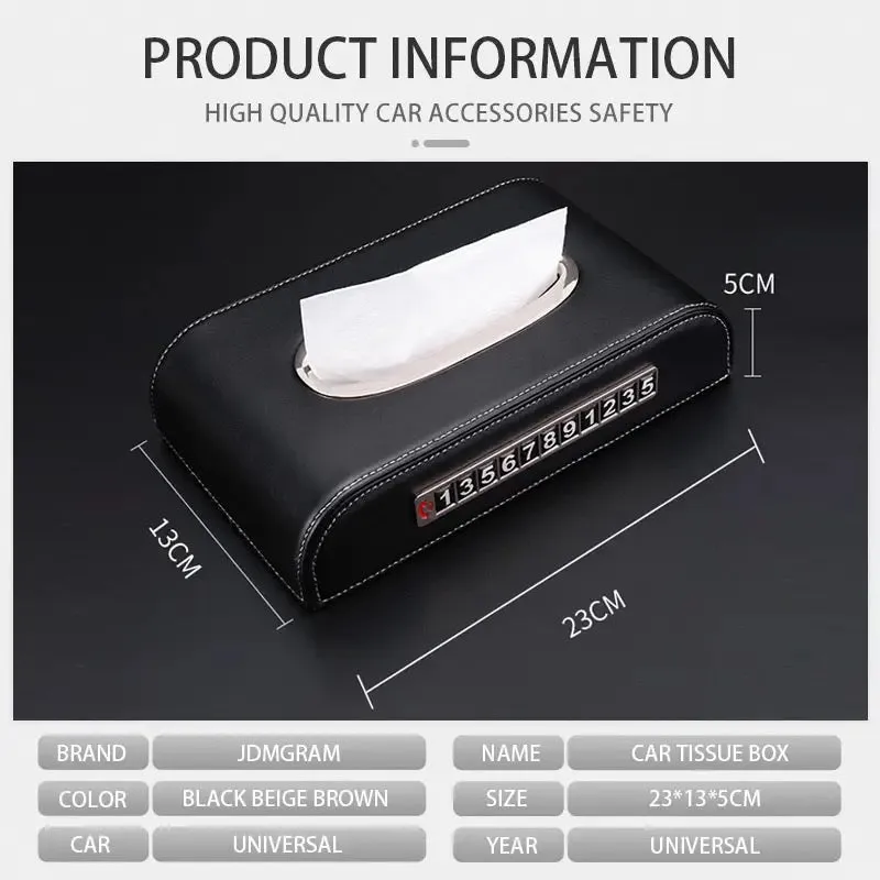 2in1 Car Tissue Box With Temporary Parking Phone Number Plate Leather Universal Napkin Paper Holder Case Auto Accessories