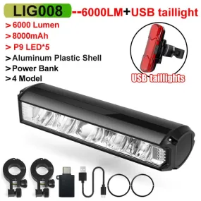 Bicycle Light Front 6000 Lumen, Light 8000mAh Waterproof Flashlight