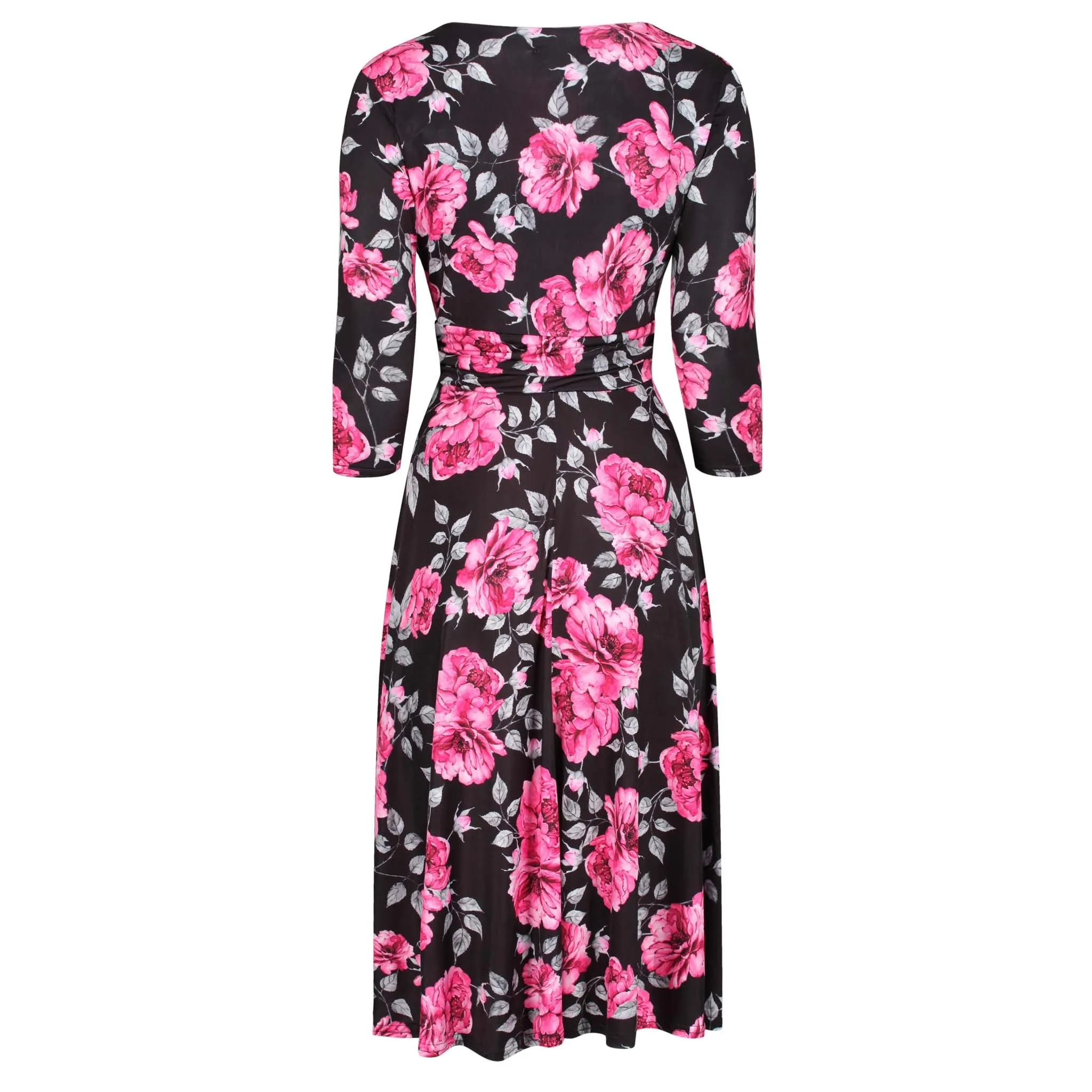 Black And Floral 3/4 Sleeve V Neck Crossover Top Empire Waist Tea Dress