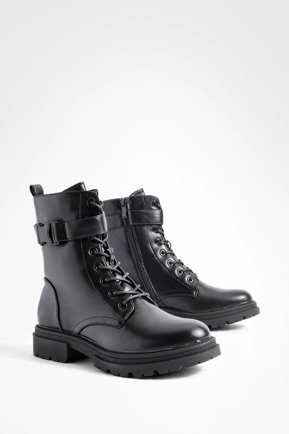 Chunky Buckle Detail Lace Up Combat Boots