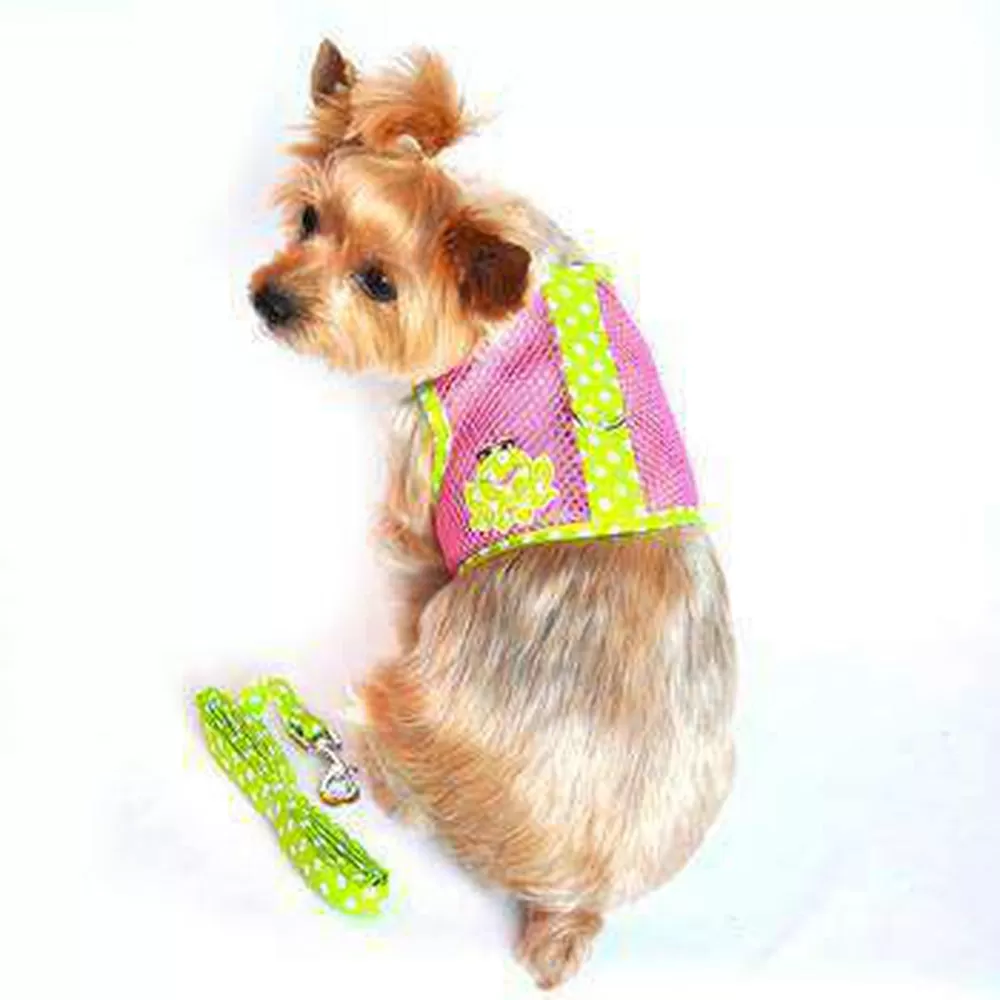 Cool Mesh Dog Harness - Frog Green Dot and Pink