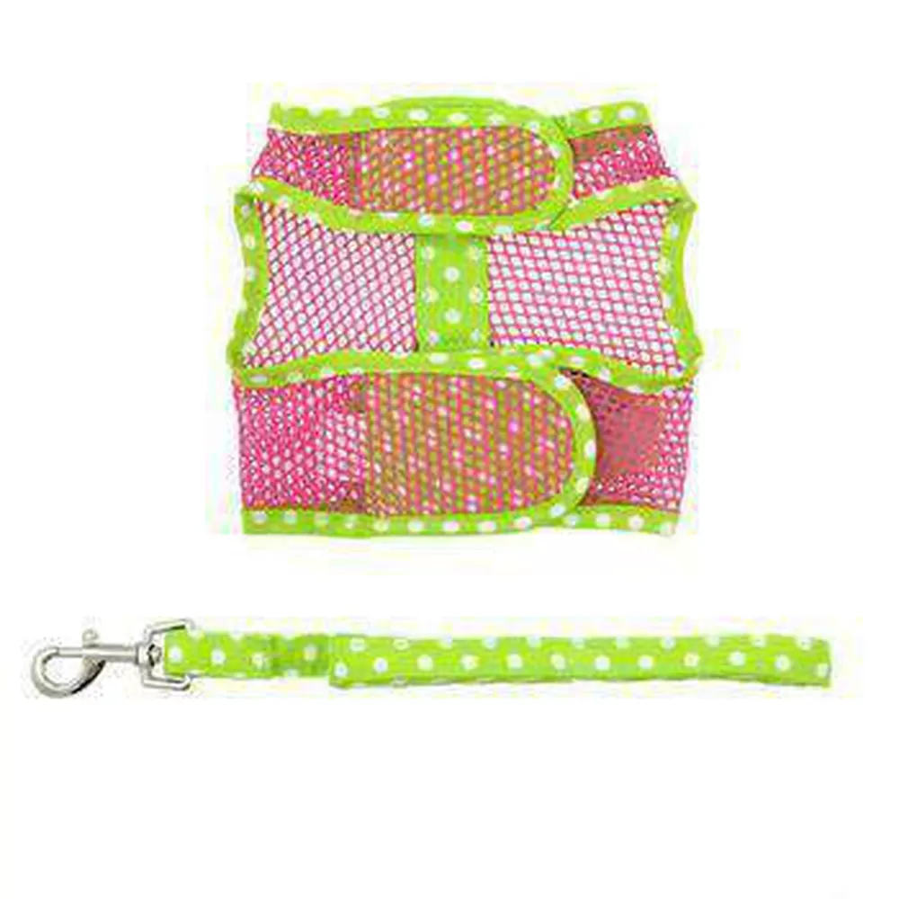 Cool Mesh Dog Harness - Frog Green Dot and Pink