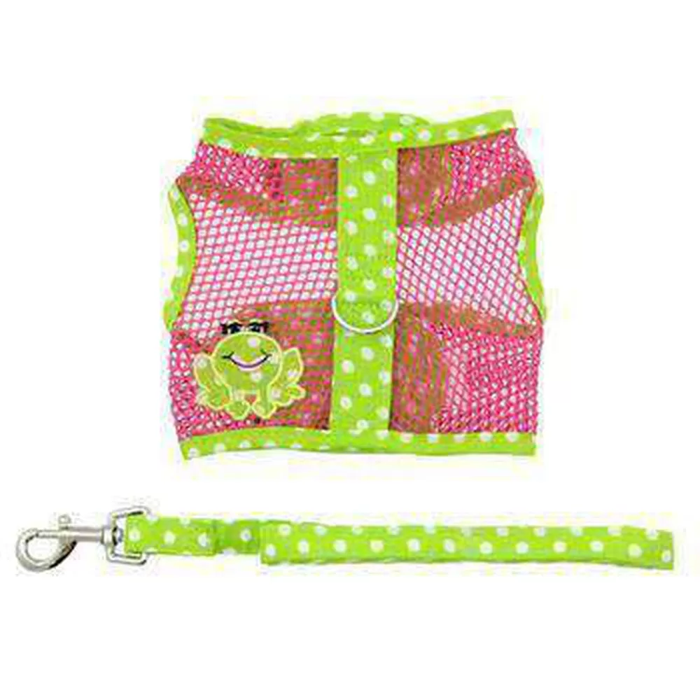 Cool Mesh Dog Harness - Frog Green Dot and Pink