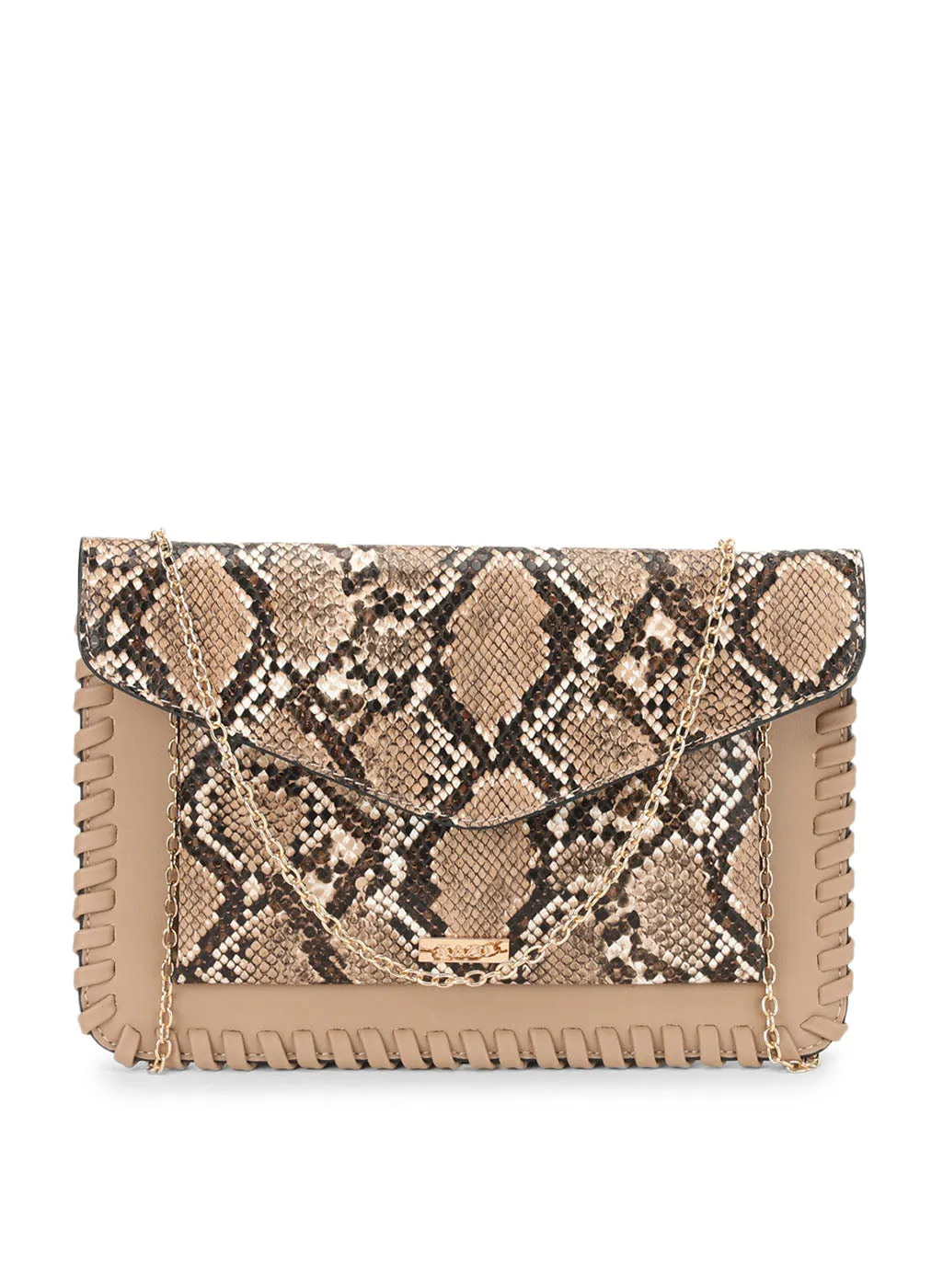 Evie Beige Snake Print Clutch