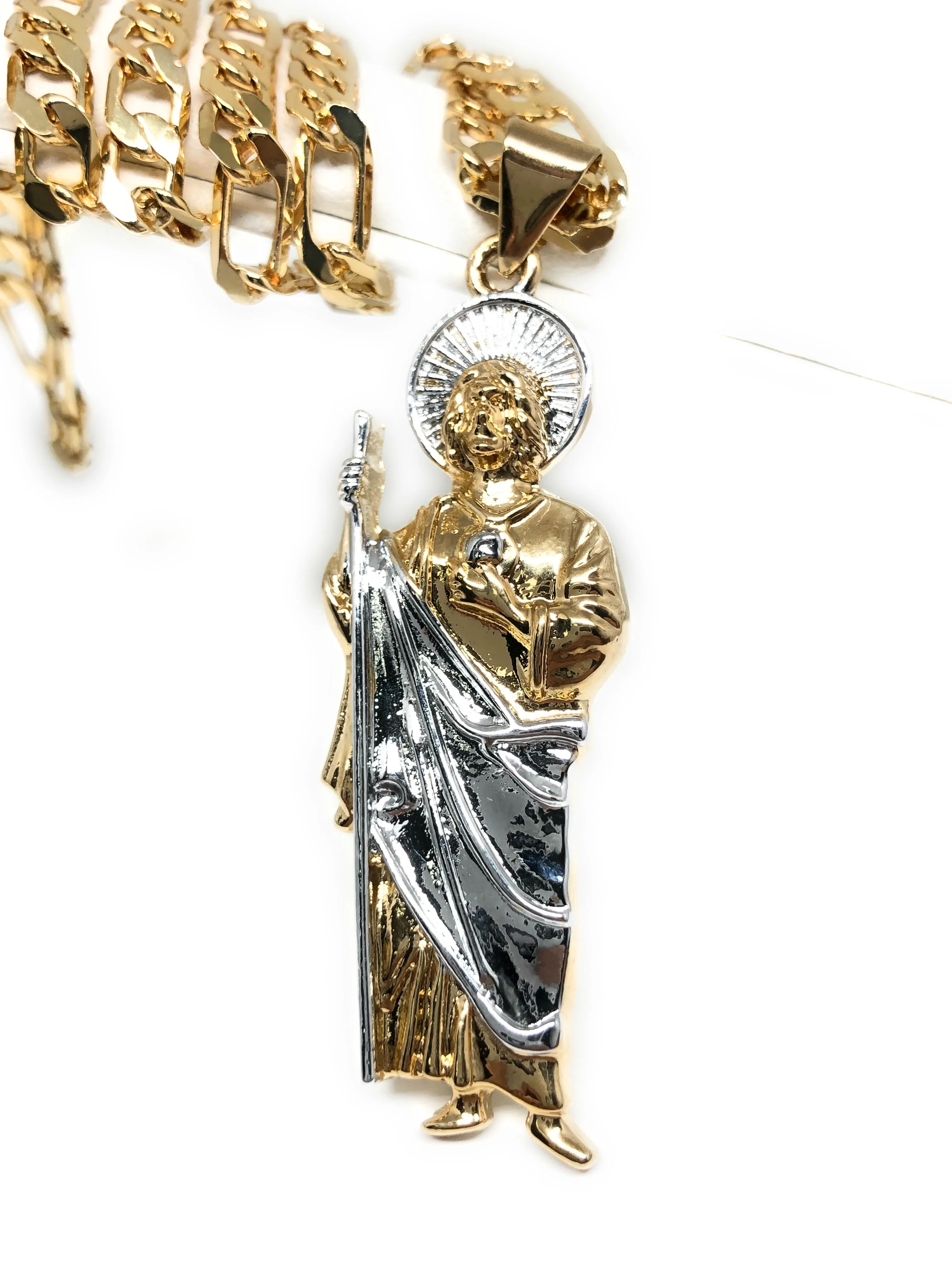 Gold Plated Saint Jude Pendant Necklace Figaro 26 San Judas Tadeo Medalla Cadena Oro Laminado