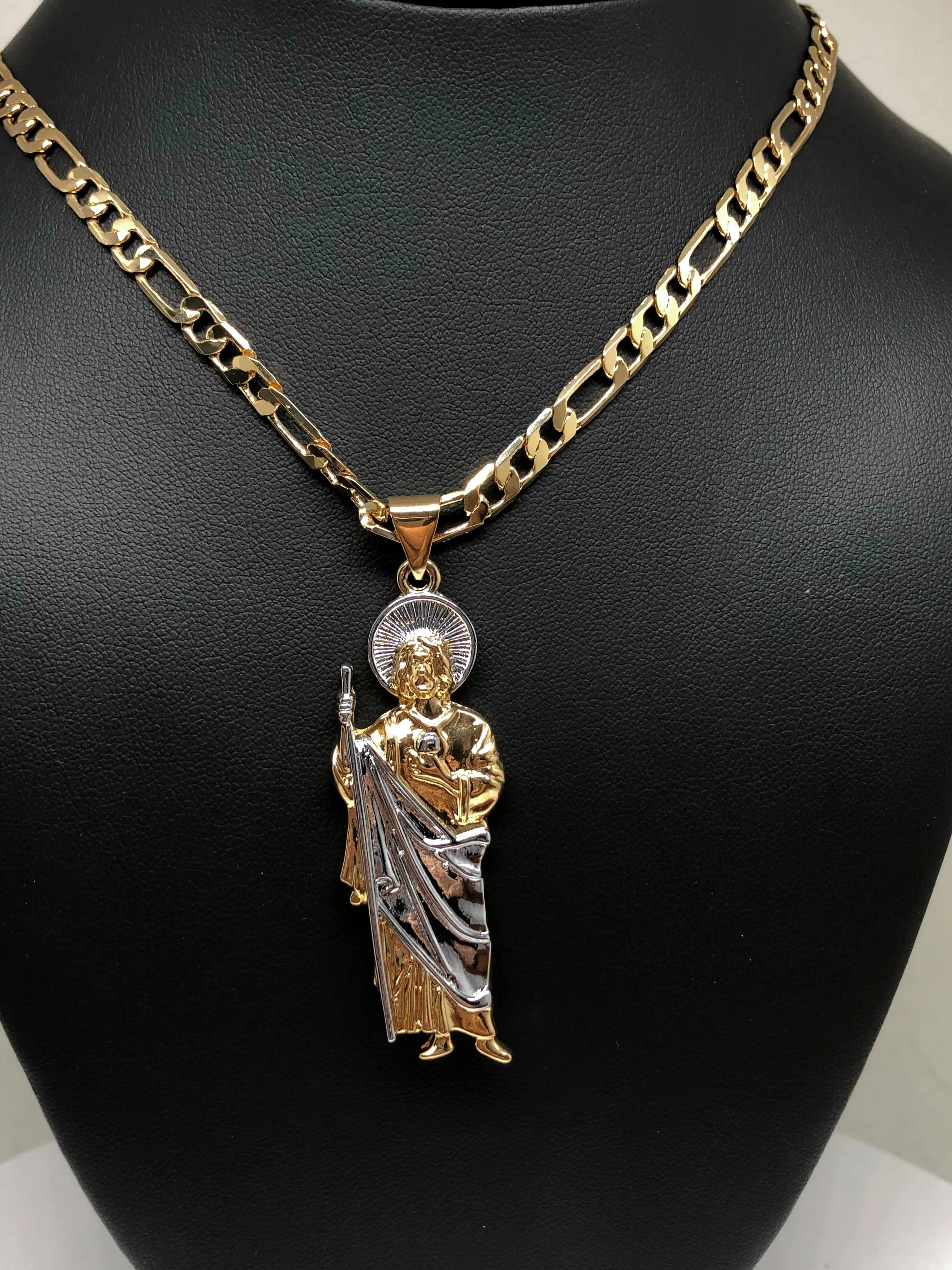 Gold Plated Saint Jude Pendant Necklace Figaro 26 San Judas Tadeo Medalla Cadena Oro Laminado