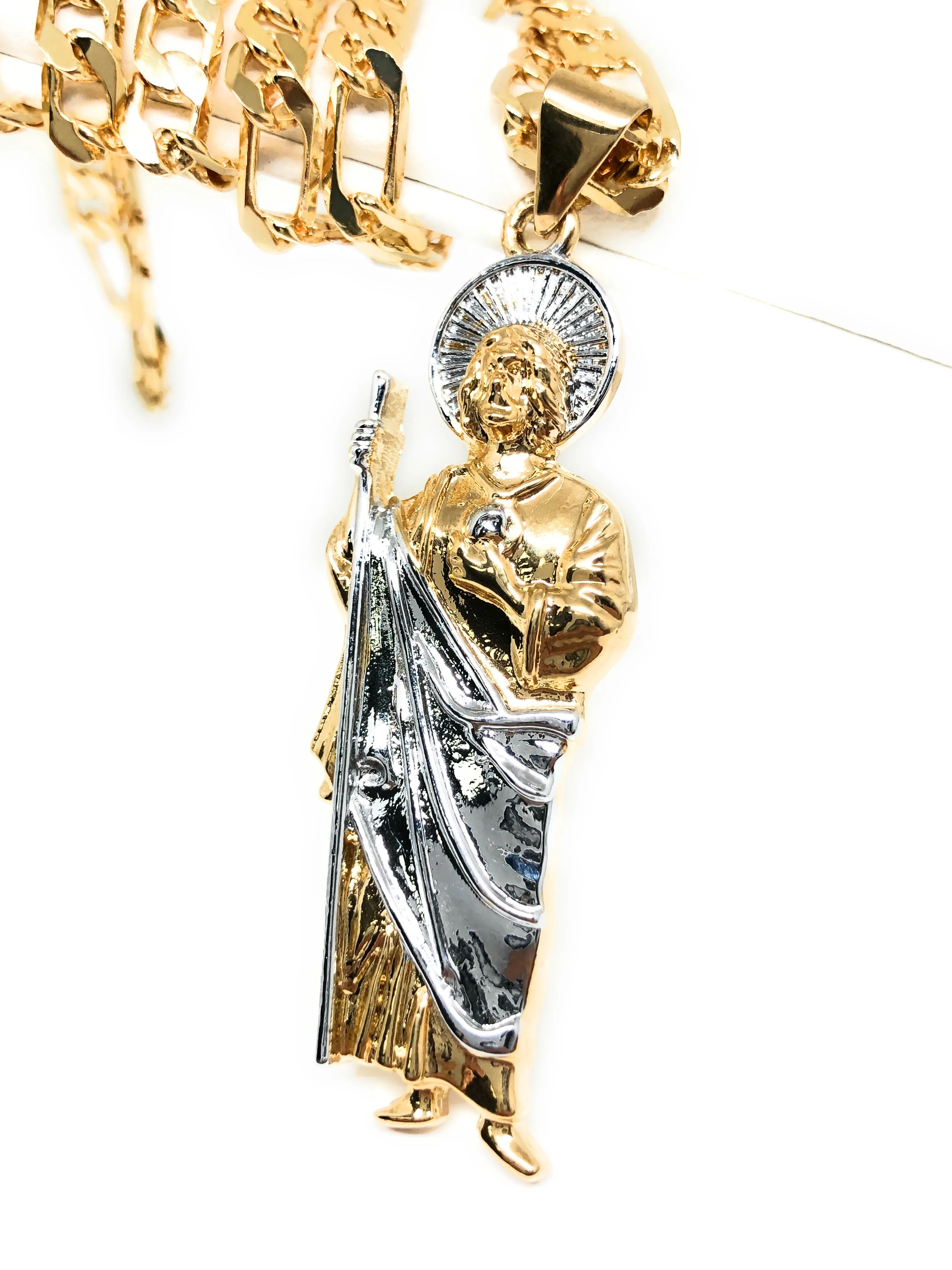 Gold Plated Saint Jude Pendant Necklace Figaro 26 San Judas Tadeo Medalla Cadena Oro Laminado