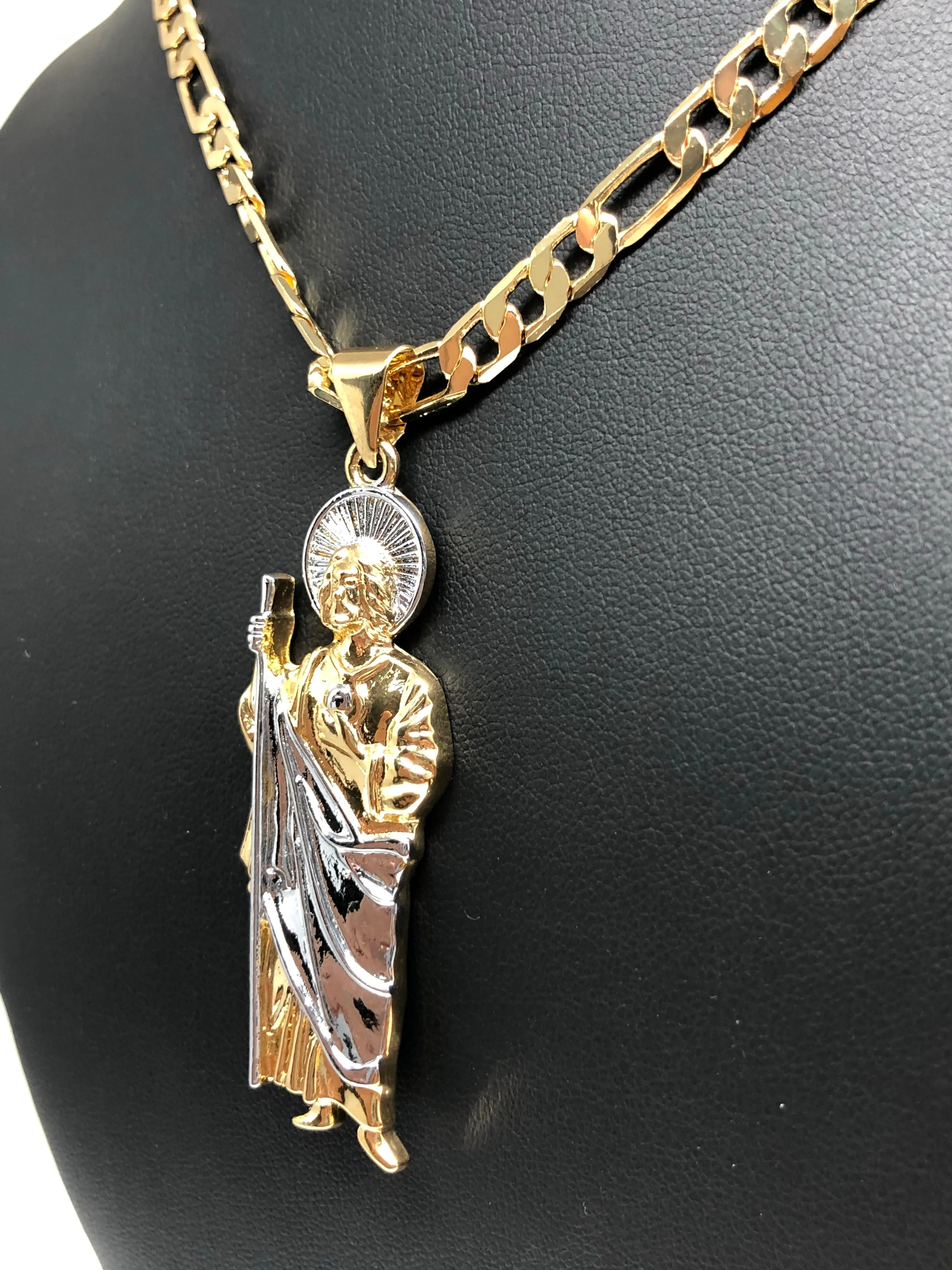 Gold Plated Saint Jude Pendant Necklace Figaro 26 San Judas Tadeo Medalla Cadena Oro Laminado