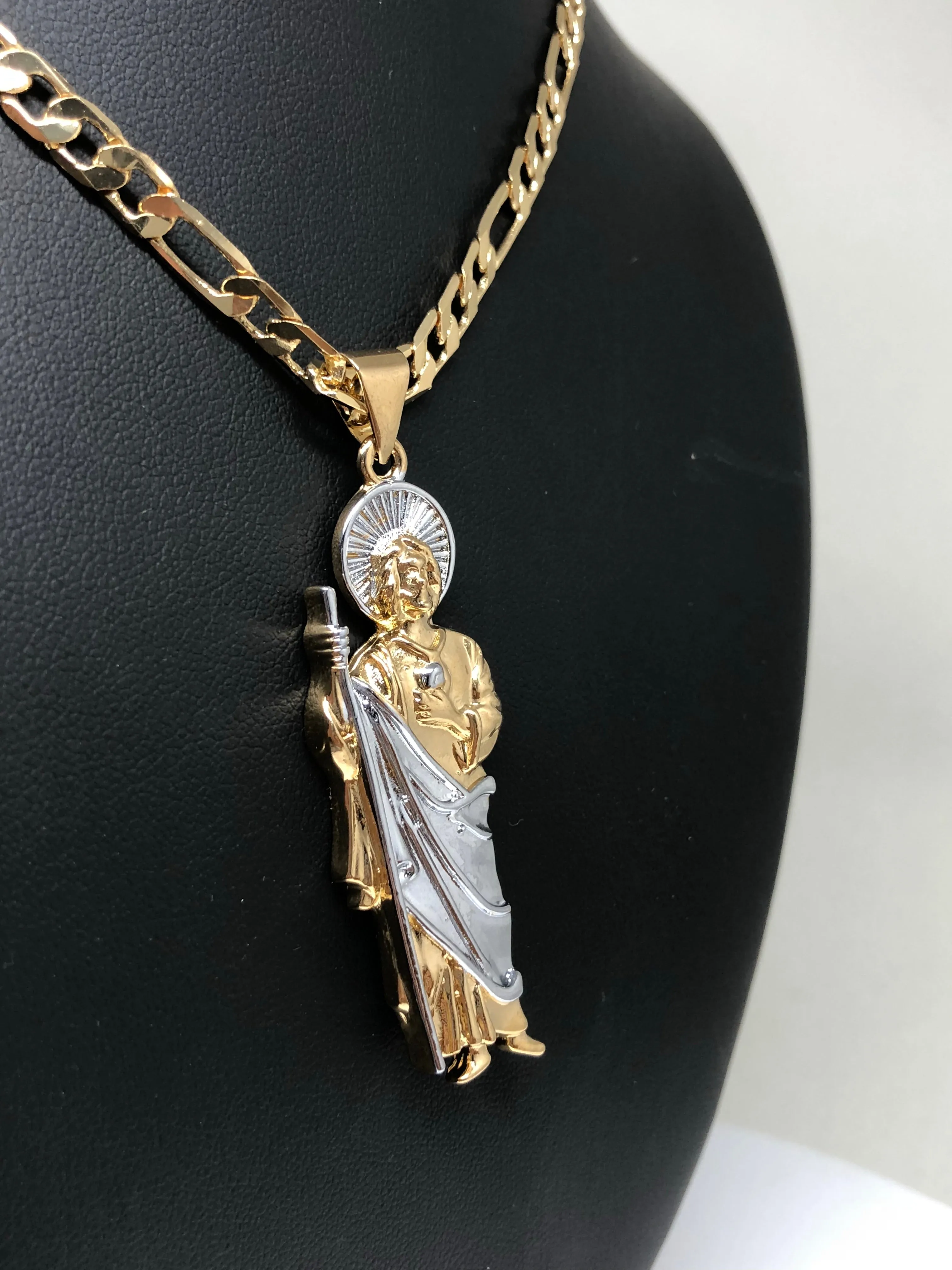 Gold Plated Saint Jude Pendant Necklace Figaro 26 San Judas Tadeo Medalla Cadena Oro Laminado