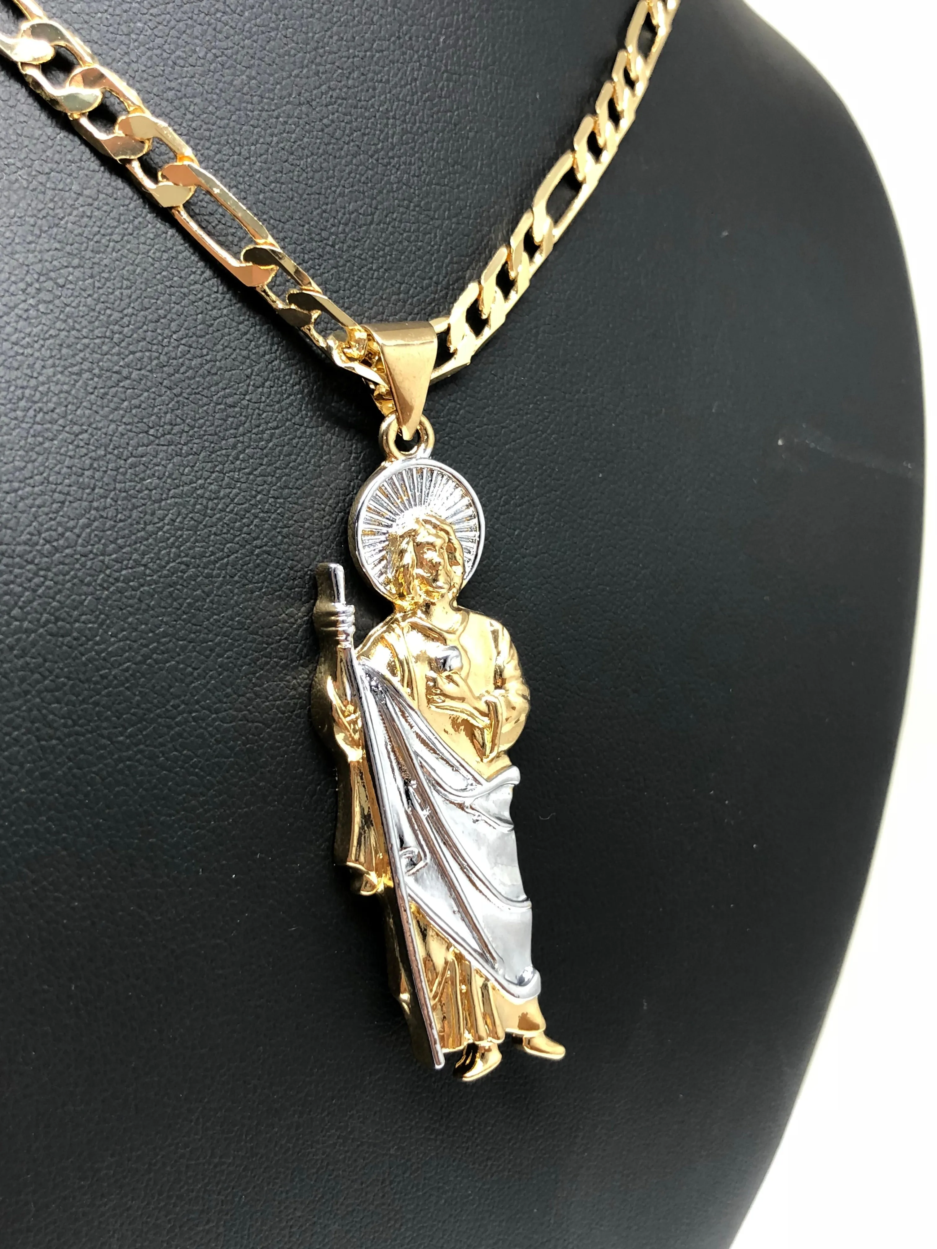 Gold Plated Saint Jude Pendant Necklace Figaro 26 San Judas Tadeo Medalla Cadena Oro Laminado