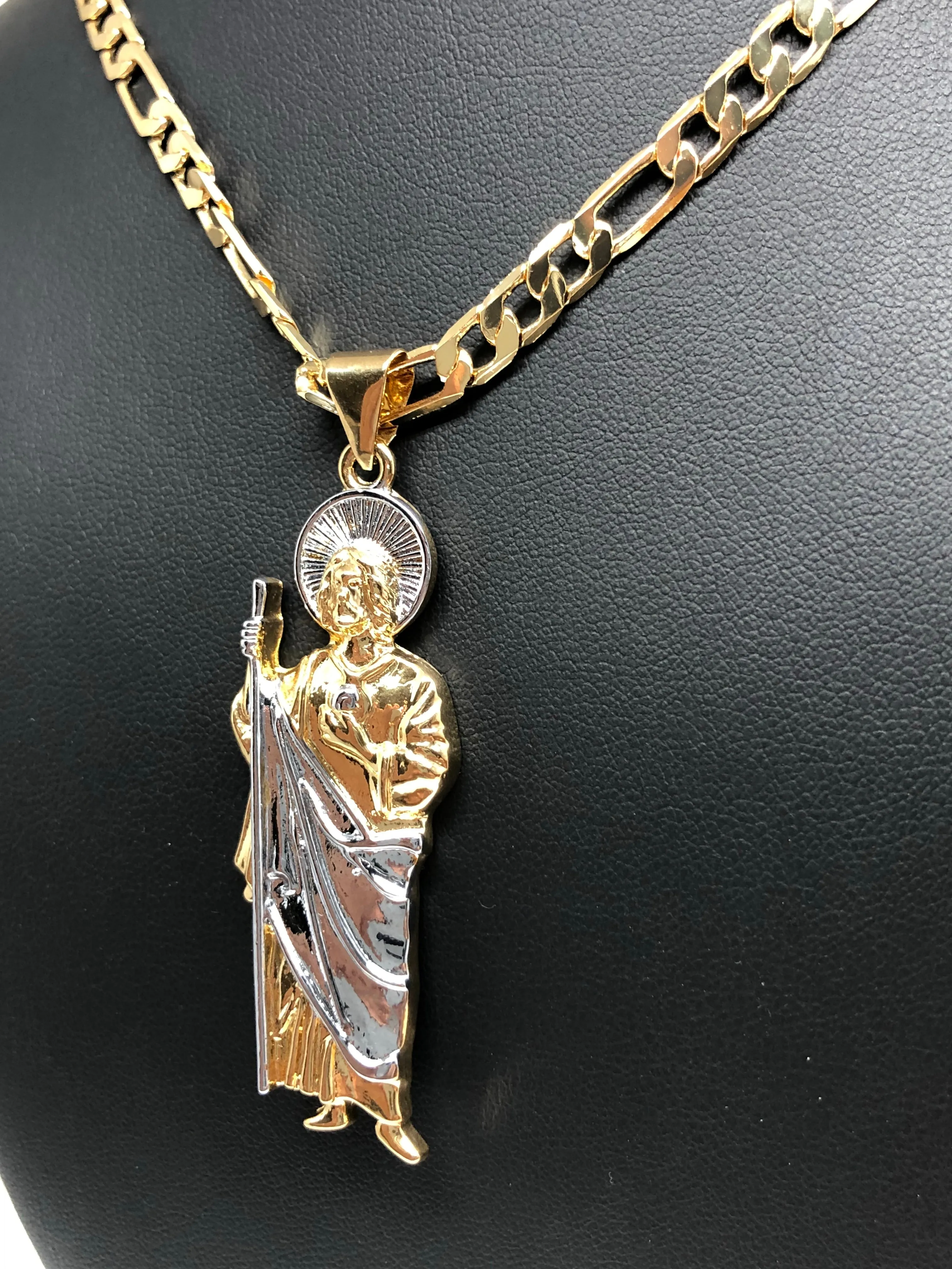 Gold Plated Saint Jude Pendant Necklace Figaro 26 San Judas Tadeo Medalla Cadena Oro Laminado