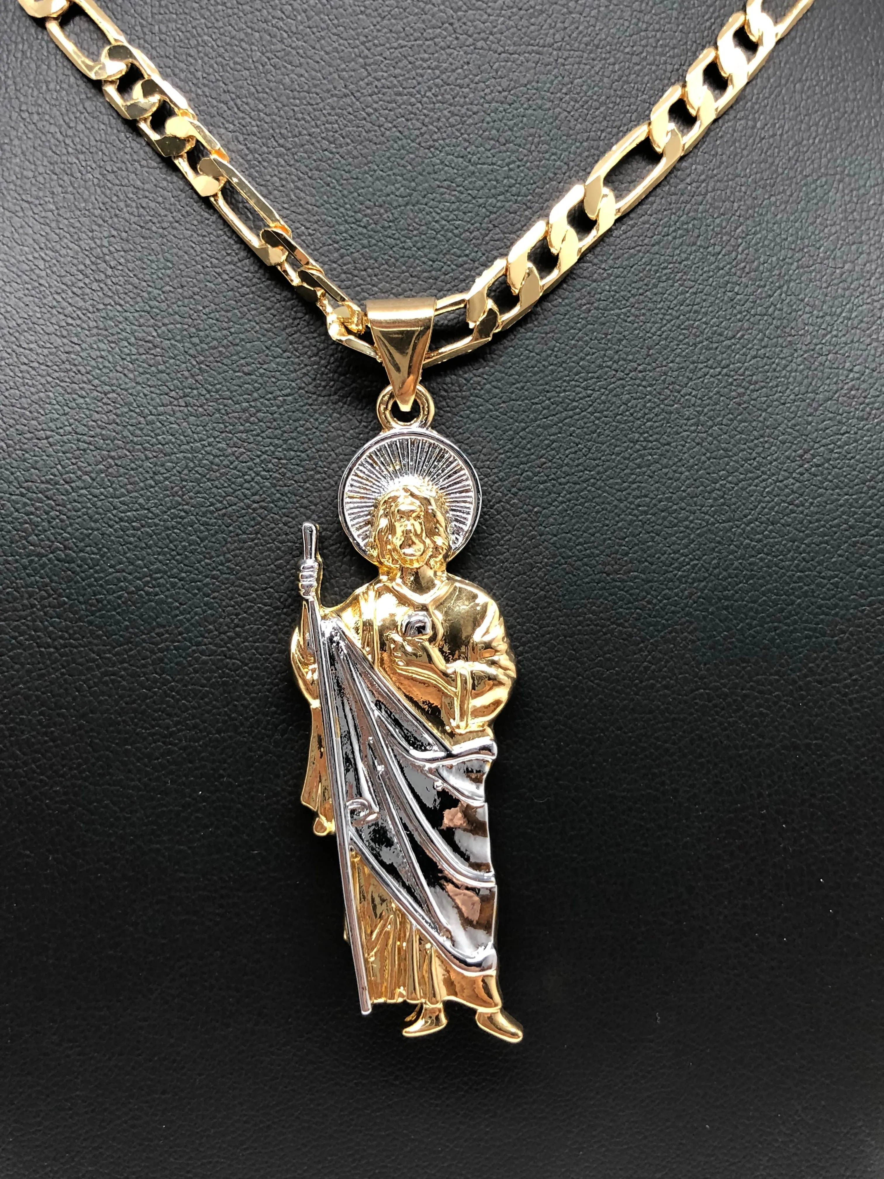 Gold Plated Saint Jude Pendant Necklace Figaro 26 San Judas Tadeo Medalla Cadena Oro Laminado