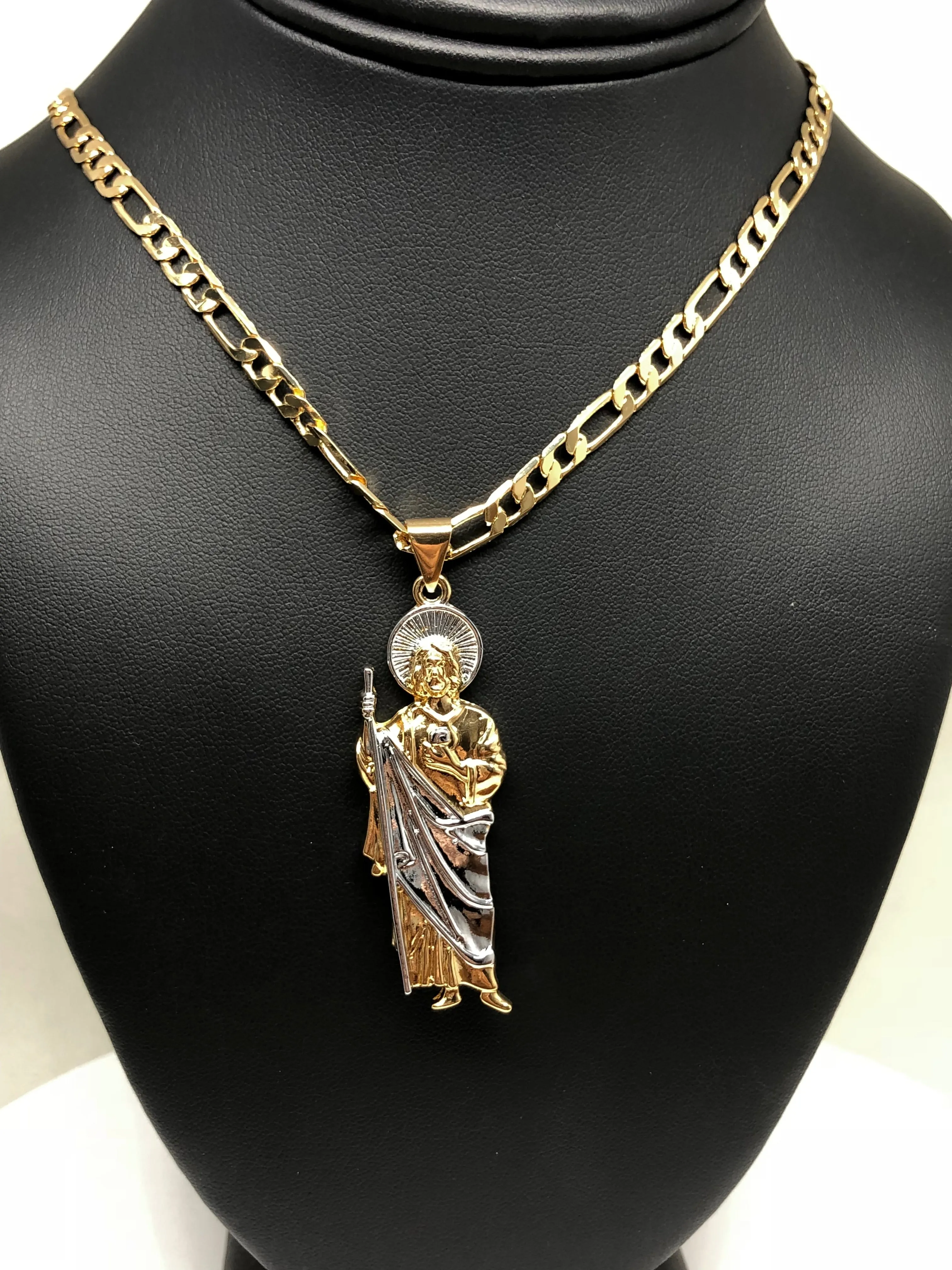 Gold Plated Saint Jude Pendant Necklace Figaro 26 San Judas Tadeo Medalla Cadena Oro Laminado