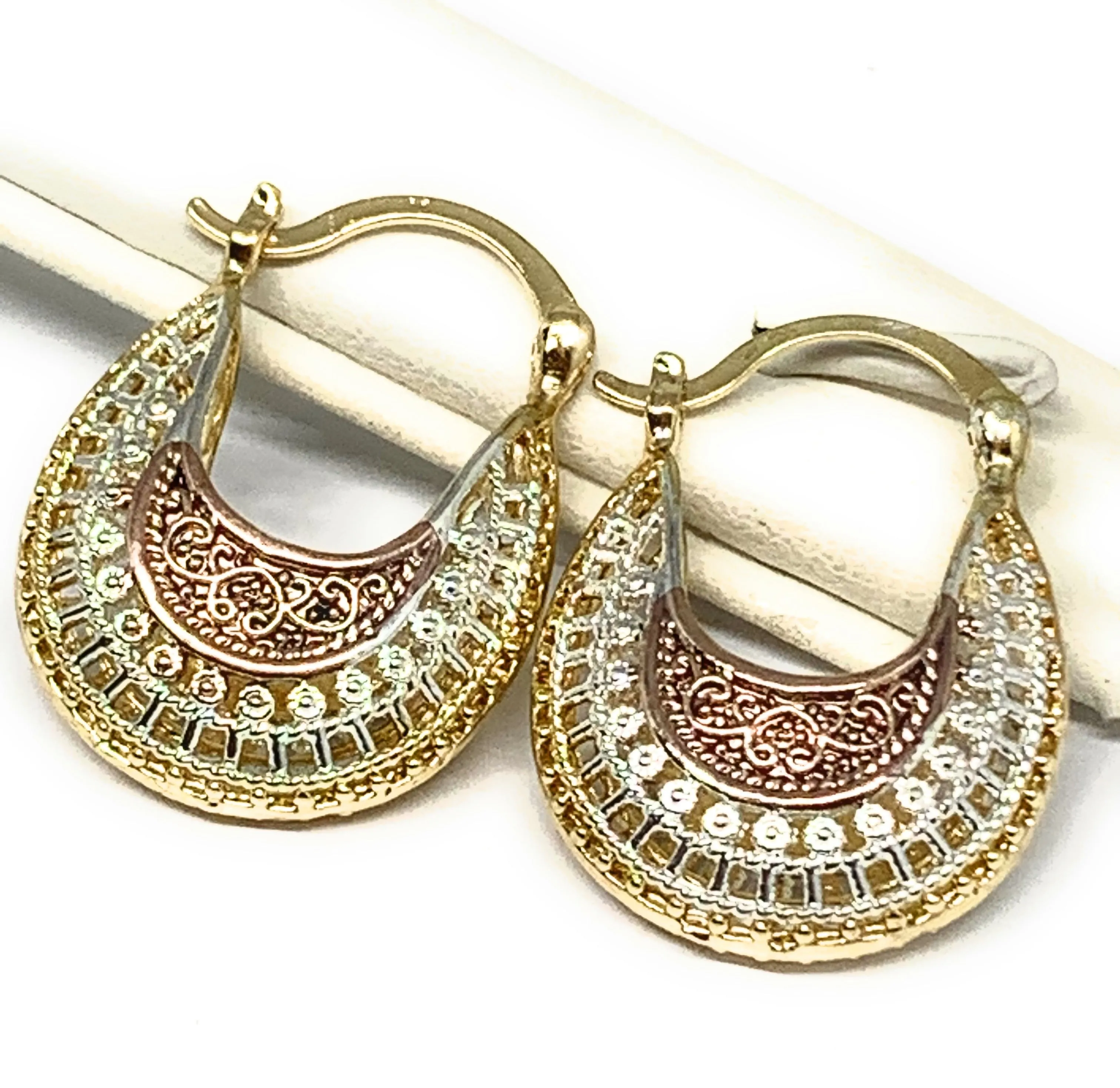 Gold Plated Tri-Color Filigran Elegant Basket Earrings Aretes Canasta Tres Colores