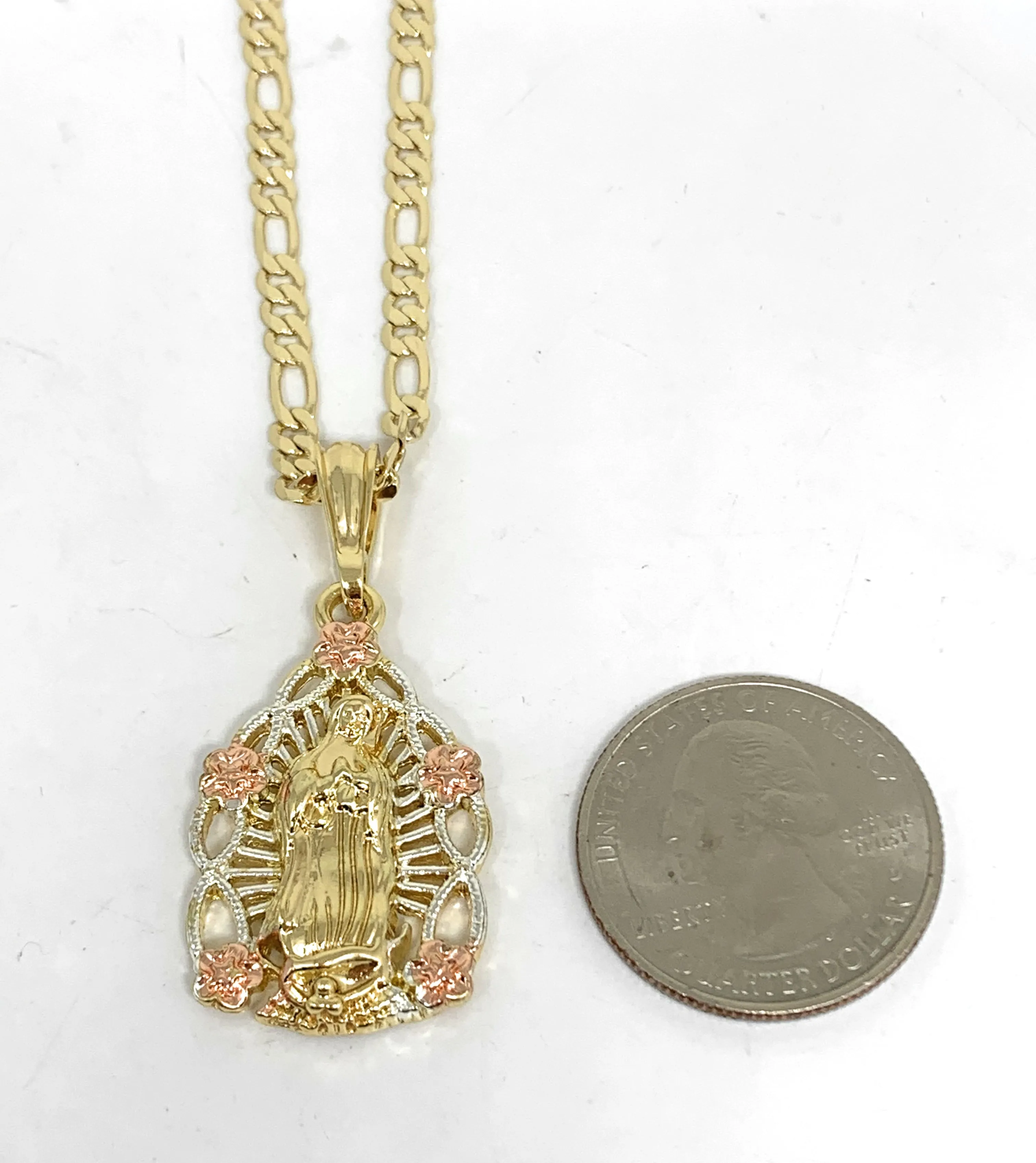 Gold Plated Yellow & Rose Color Virgin Mary Oval Flower Pendant Necklace 24 Virgen Guadalupe