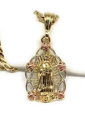 Gold Plated Yellow & Rose Color Virgin Mary Oval Flower Pendant Necklace 24 Virgen Guadalupe