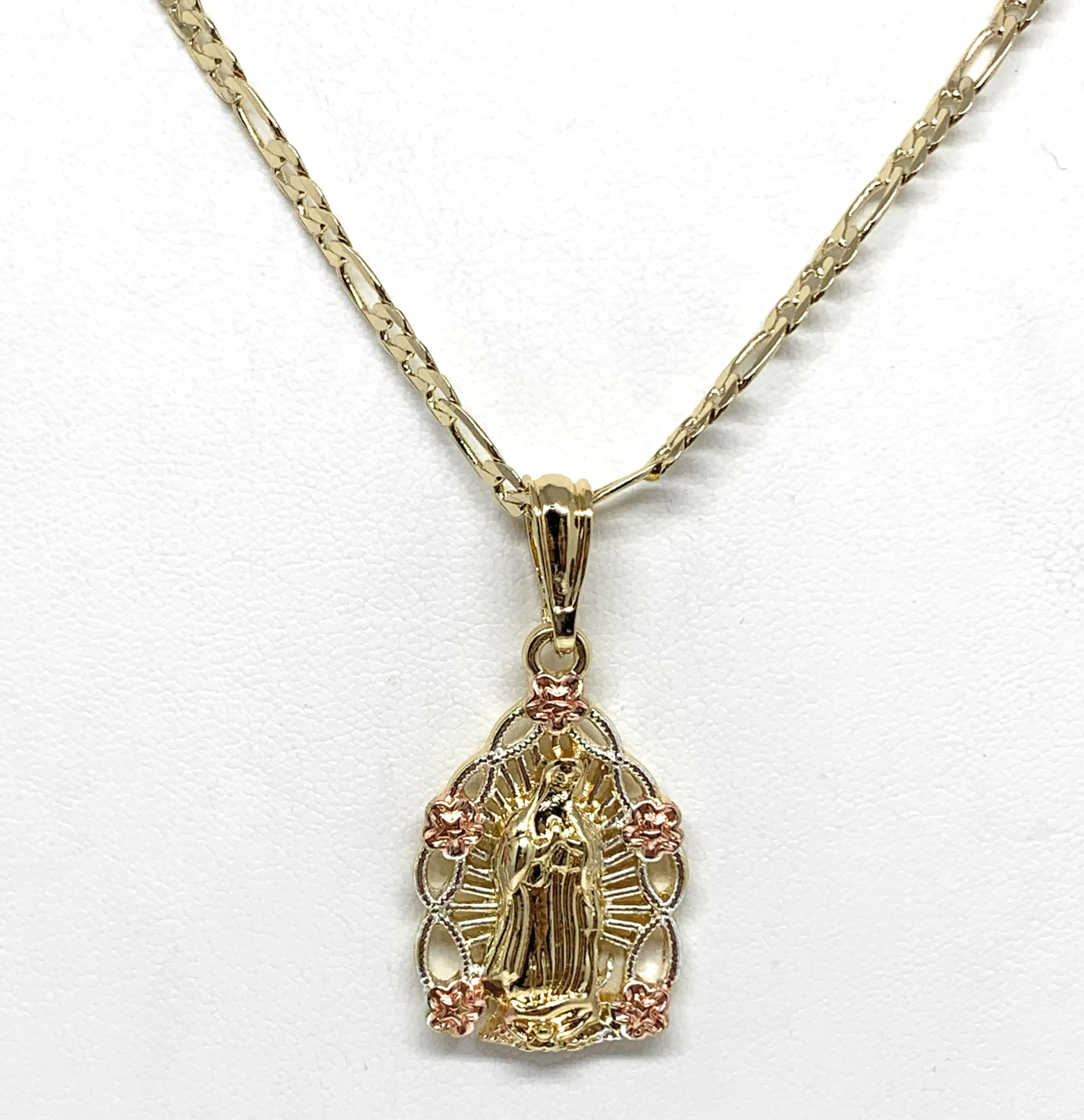 Gold Plated Yellow & Rose Color Virgin Mary Oval Flower Pendant Necklace 24 Virgen Guadalupe