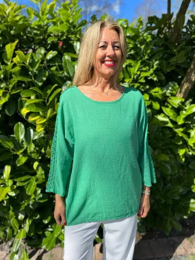 Green Crochet Sleeve Lightweight Top Cleo