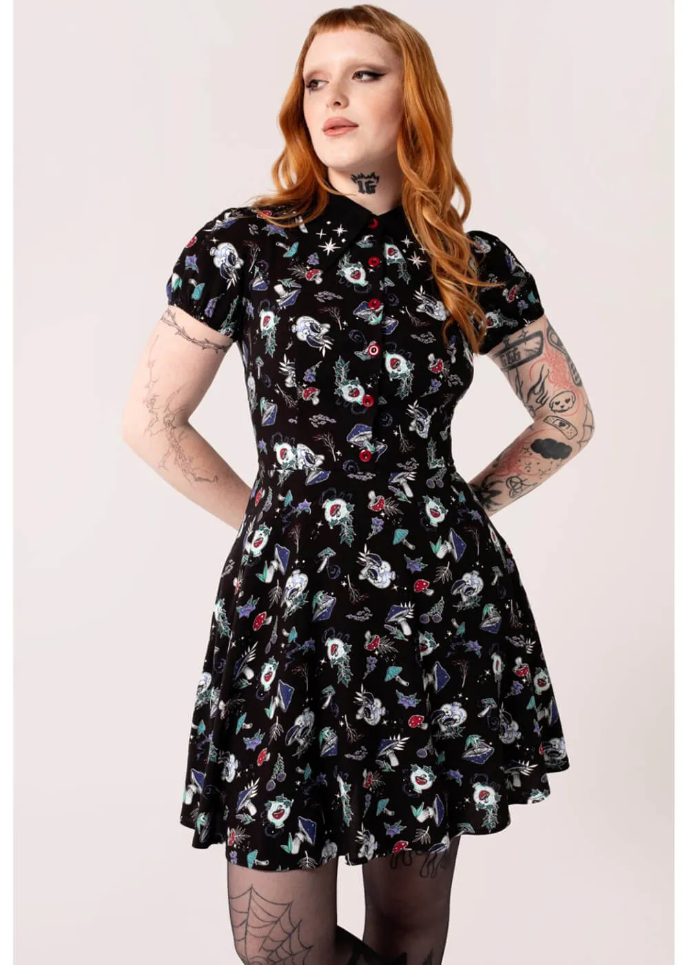 Hell Bunny Amanita Mushroom 60's Short Dress Black