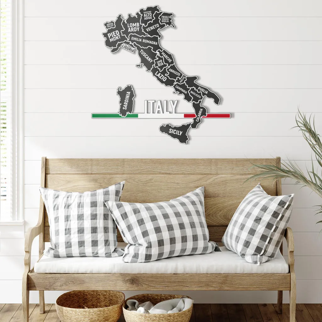 Italian Regions Map & Minimlaist Flag- Colored Metal Art