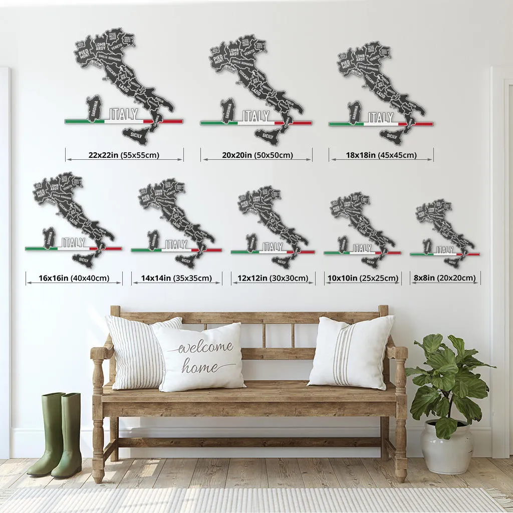 Italian Regions Map & Minimlaist Flag- Colored Metal Art