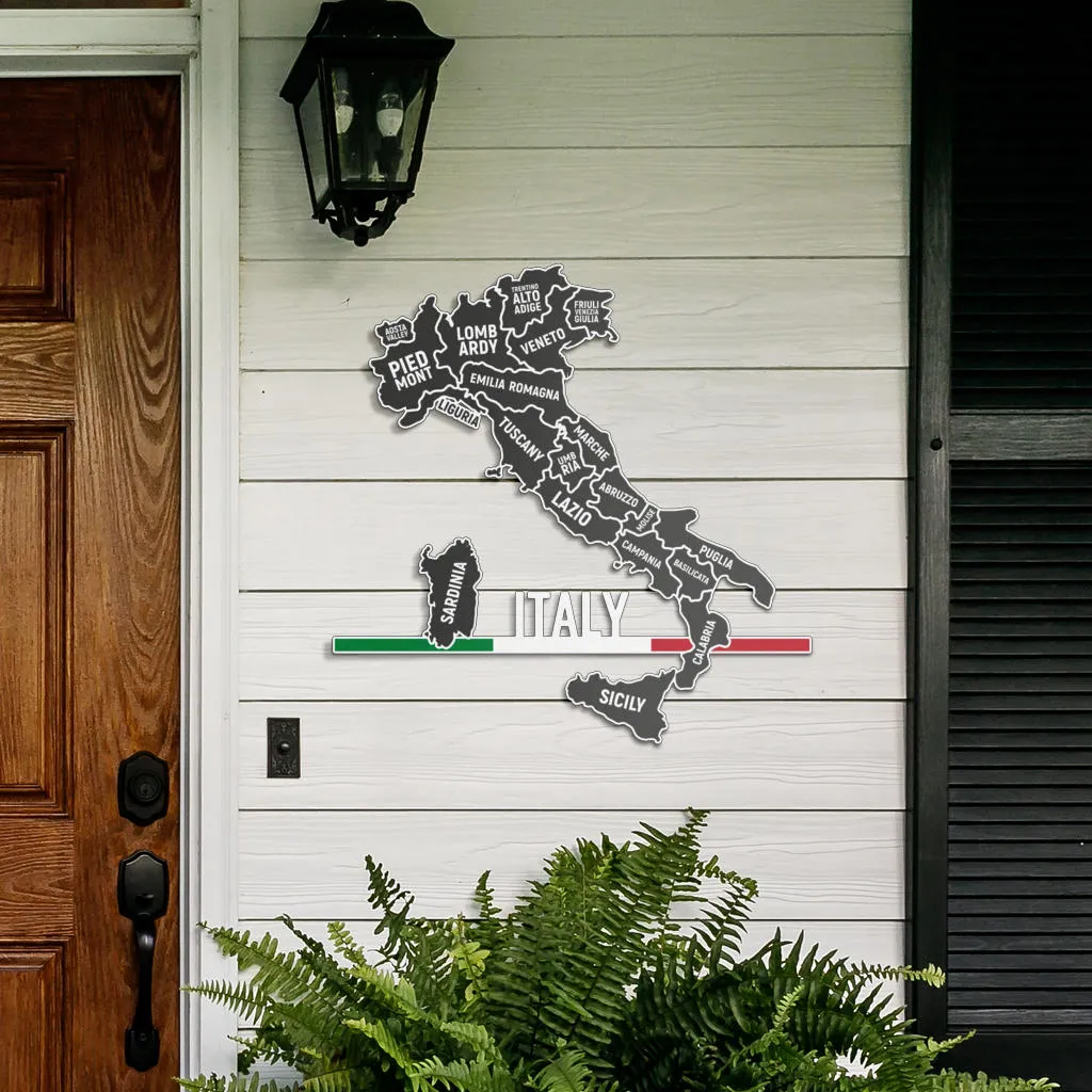 Italian Regions Map & Minimlaist Flag- Colored Metal Art