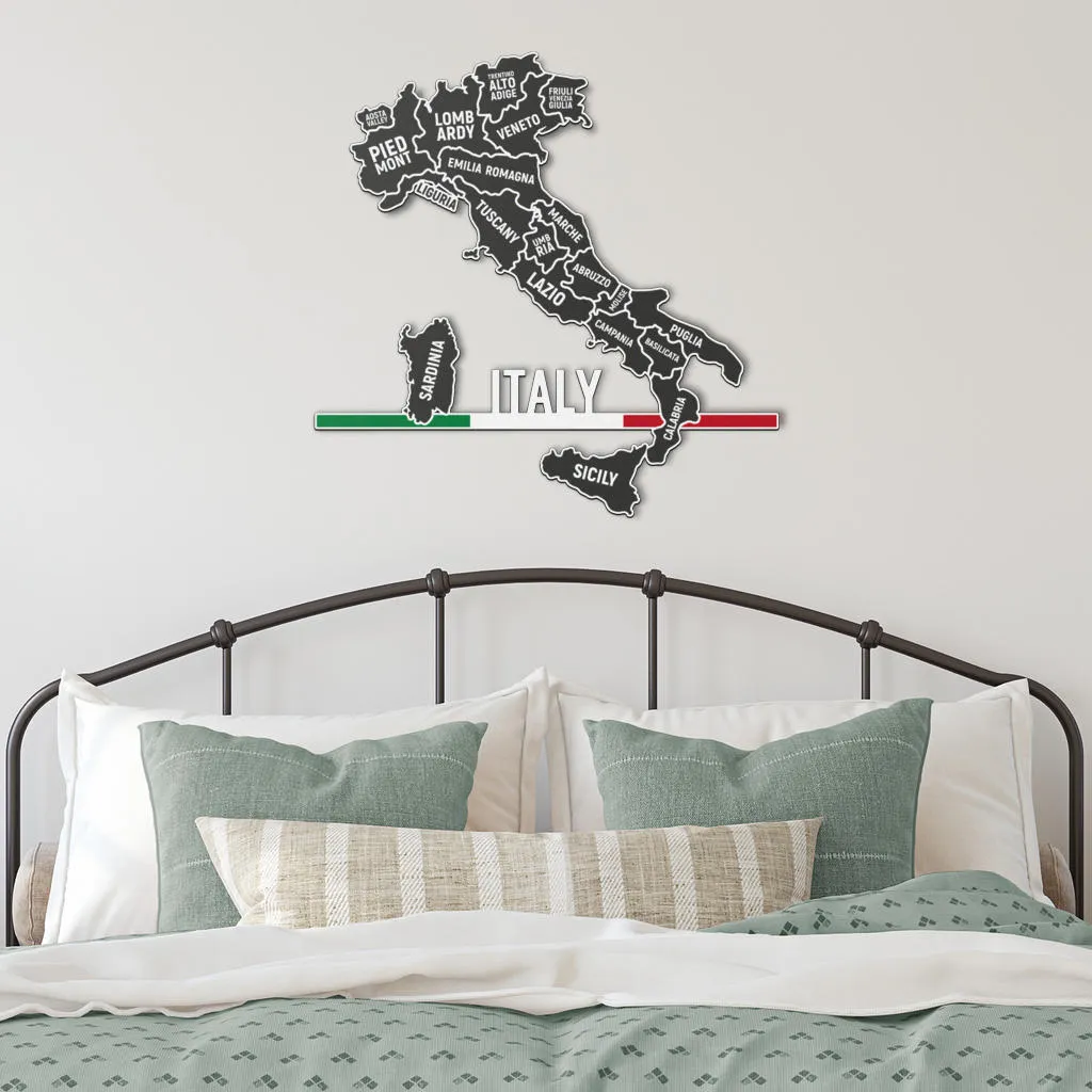 Italian Regions Map & Minimlaist Flag- Colored Metal Art