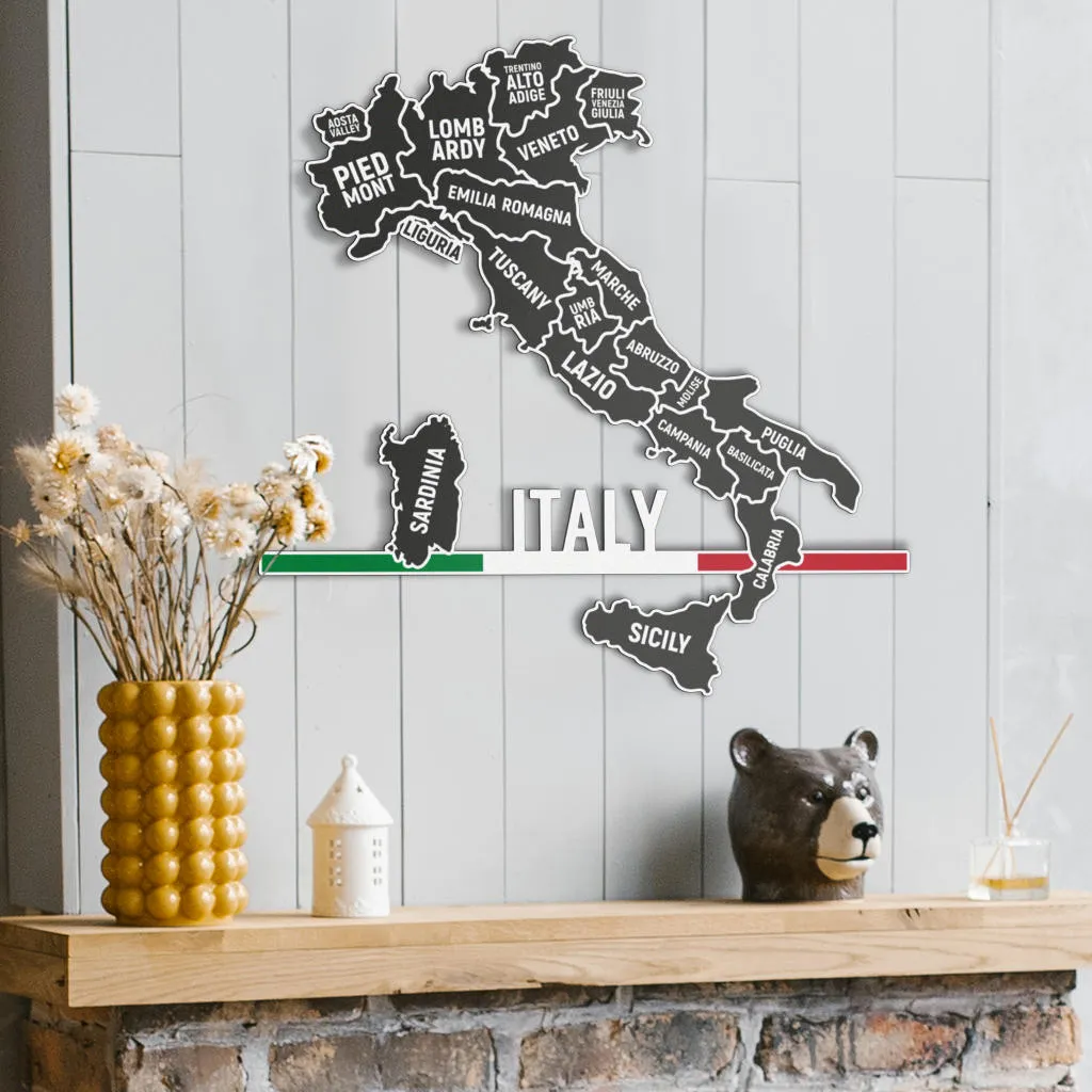 Italian Regions Map & Minimlaist Flag- Colored Metal Art