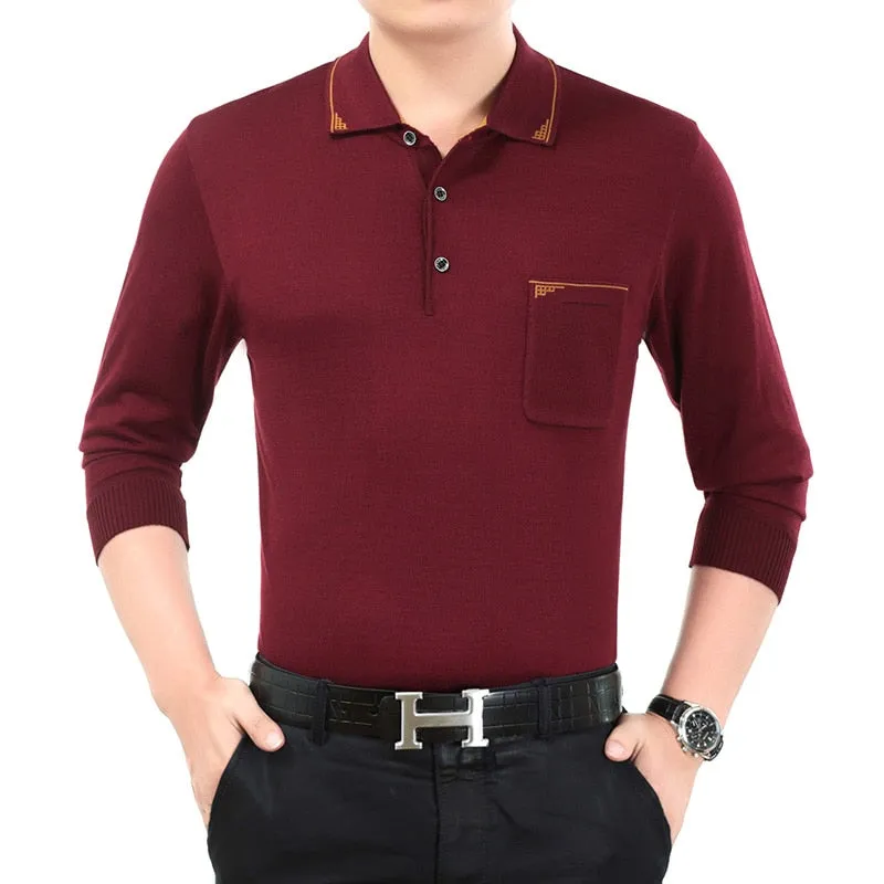 Men's Casual Contrast Color Plaid Business Long Sleeve Poloshirt