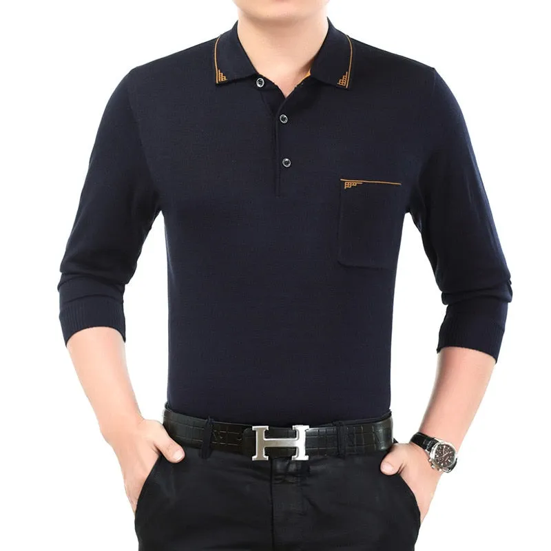 Men's Casual Contrast Color Plaid Business Long Sleeve Poloshirt