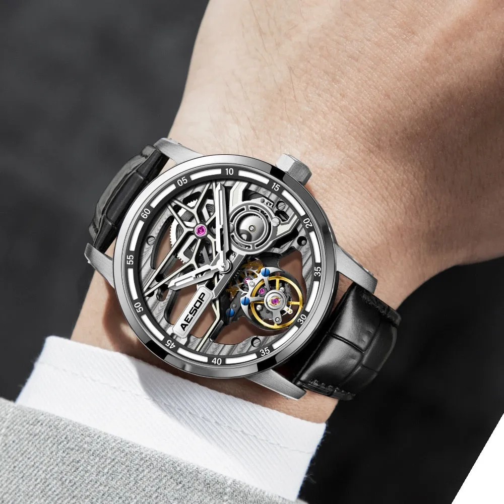 Men's Luminous Skeleton Flywheel Tourbillon Business Style Wristwatch