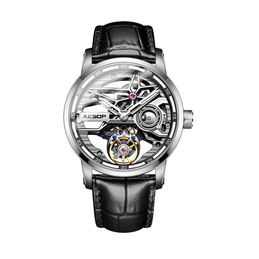 Men's Luminous Skeleton Flywheel Tourbillon Business Style Wristwatch