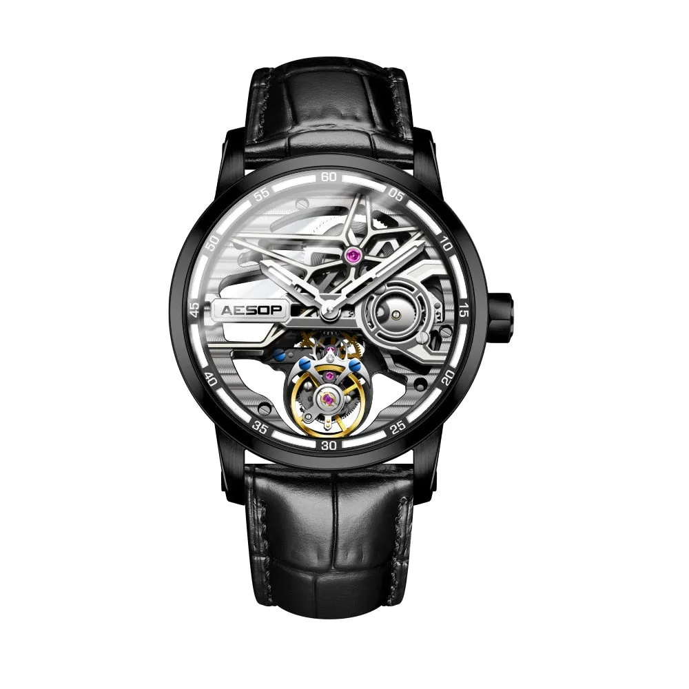 Men's Luminous Skeleton Flywheel Tourbillon Business Style Wristwatch