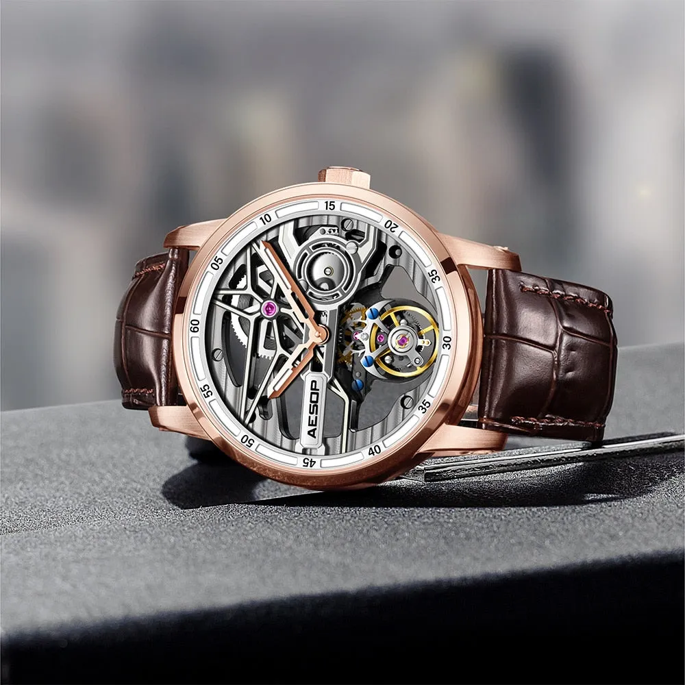 Men's Luminous Skeleton Flywheel Tourbillon Business Style Wristwatch