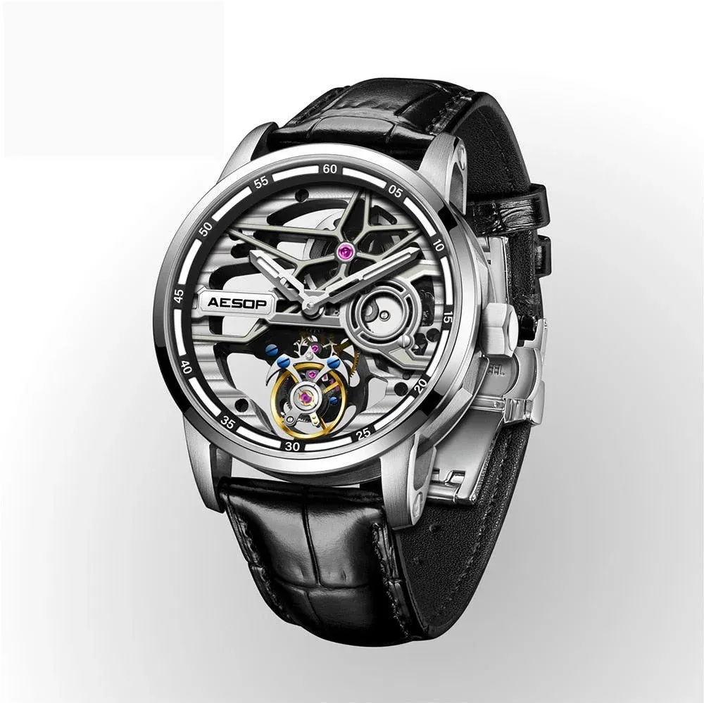 Men's Luminous Skeleton Flywheel Tourbillon Business Style Wristwatch