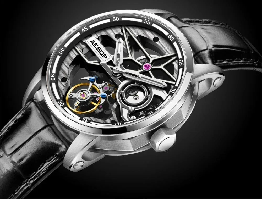 Men's Luminous Skeleton Flywheel Tourbillon Business Style Wristwatch