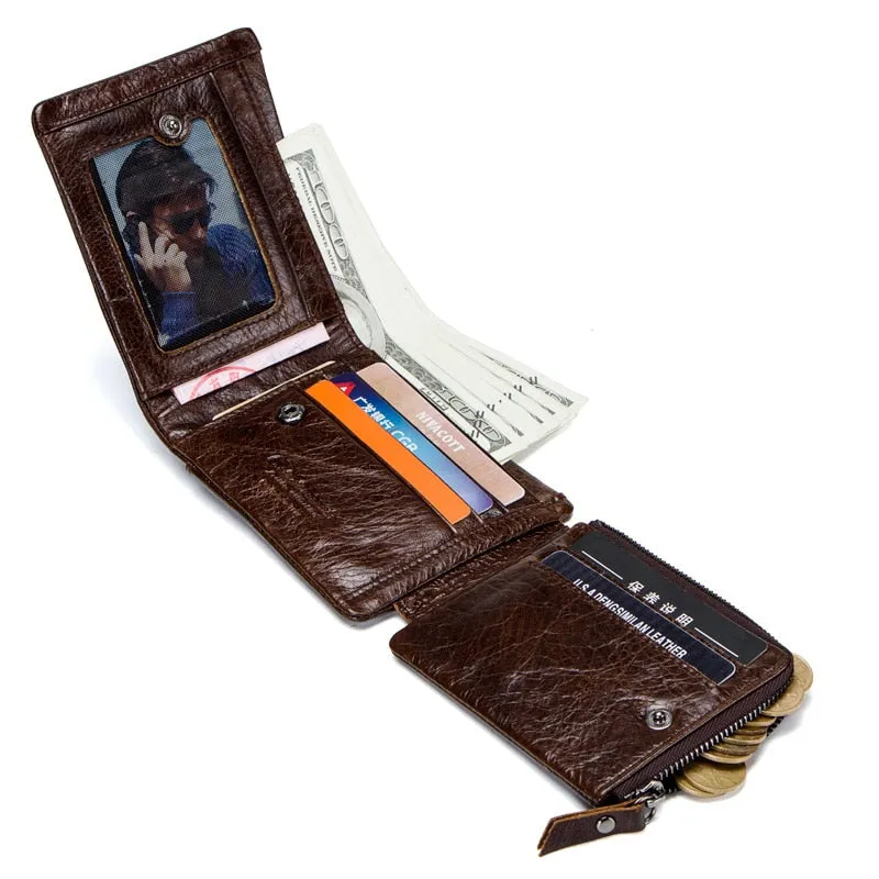 Men's Retro Crazy Horse Leather Tri-fold Small Card Holder Short Wallets Purses