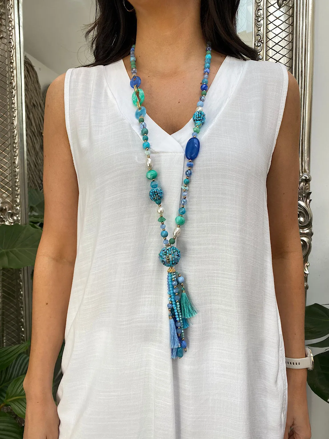 Multi Gem Tassel Necklace