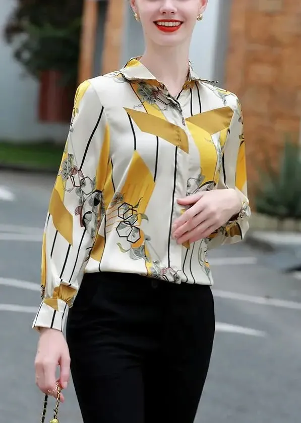 Stylish Yellow Peter Pan Collar Print Silk Shirt Long Sleeve CG1017