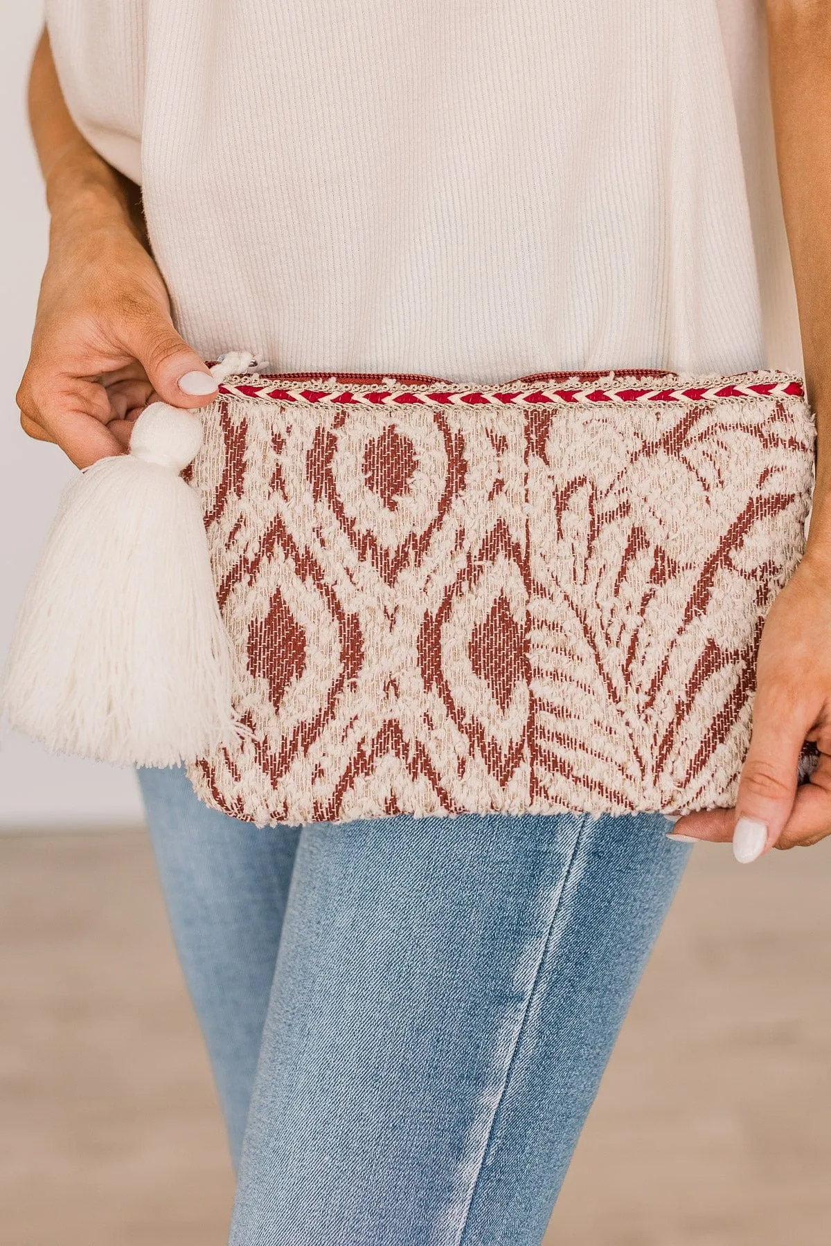 Treasured Forever Tassel Clutch- Rust & Ivory