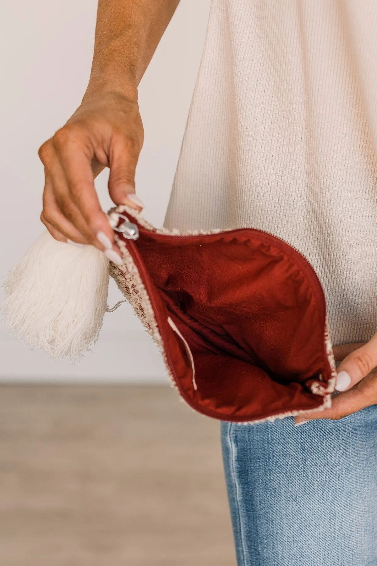 Treasured Forever Tassel Clutch- Rust & Ivory