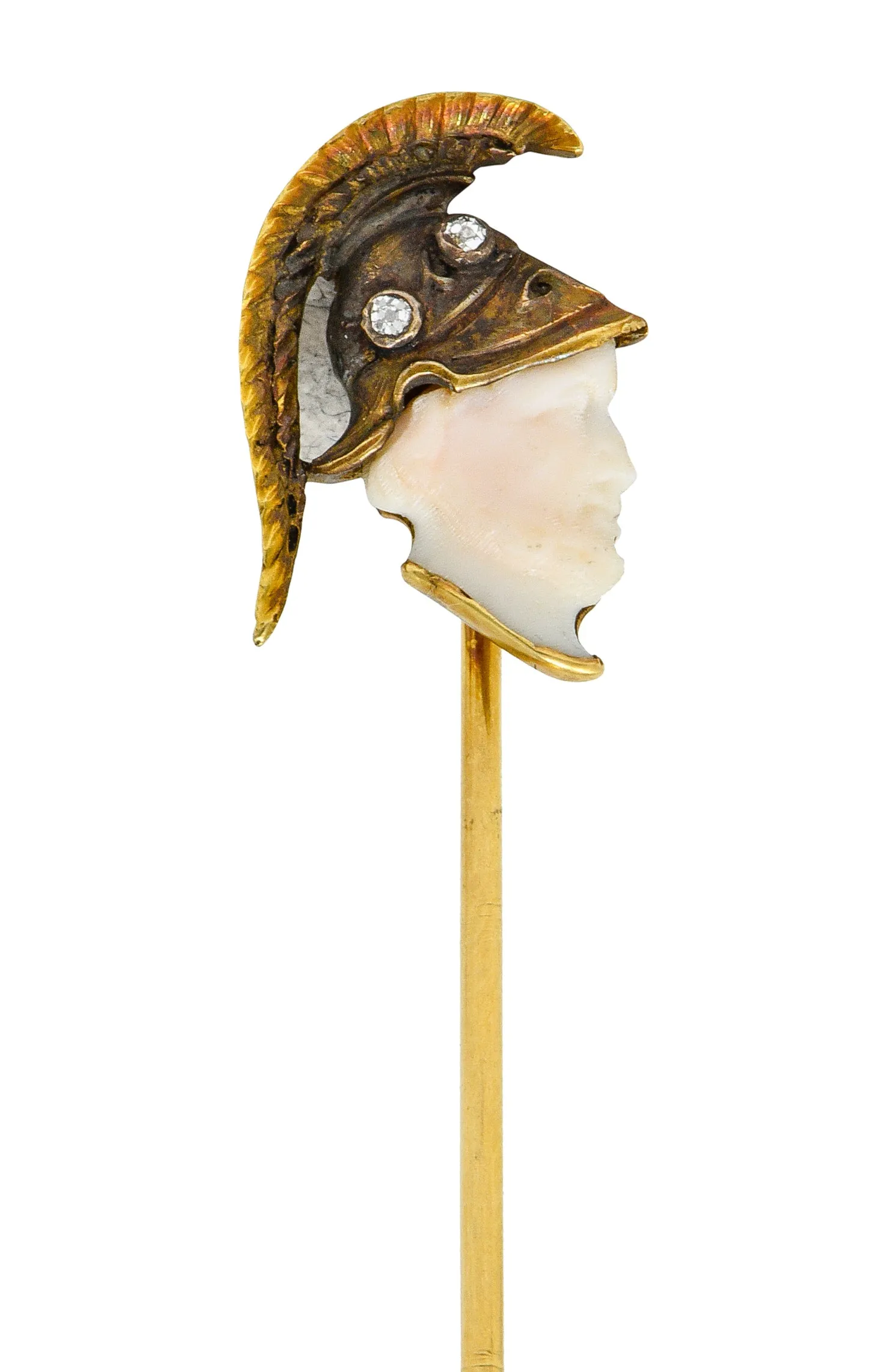 Victorian Carved Hardstone Diamond 18 Karat Gold Hellenistic Warrior Stickpin