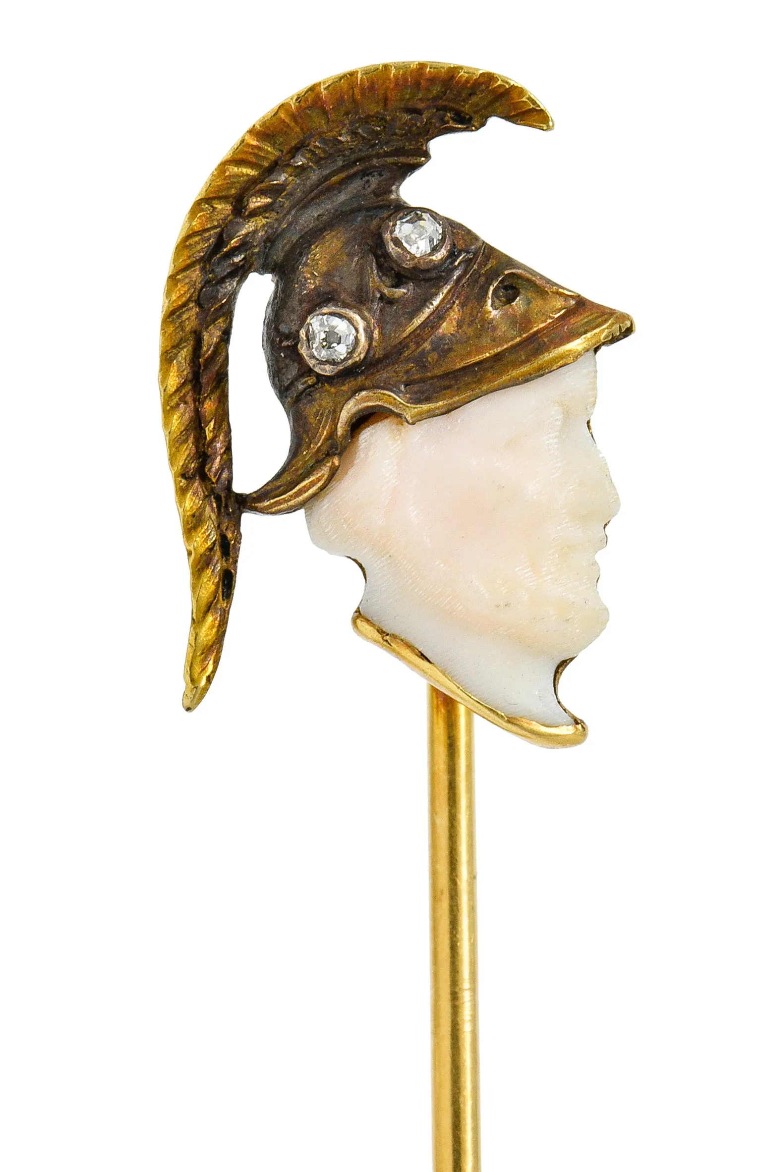 Victorian Carved Hardstone Diamond 18 Karat Gold Hellenistic Warrior Stickpin